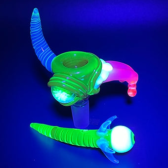 14mm Red Blacklight Reactive Glass Slide Set with Tongue & Horn - Perfect for UV Parties, Raves & Unique Smoking Accessories