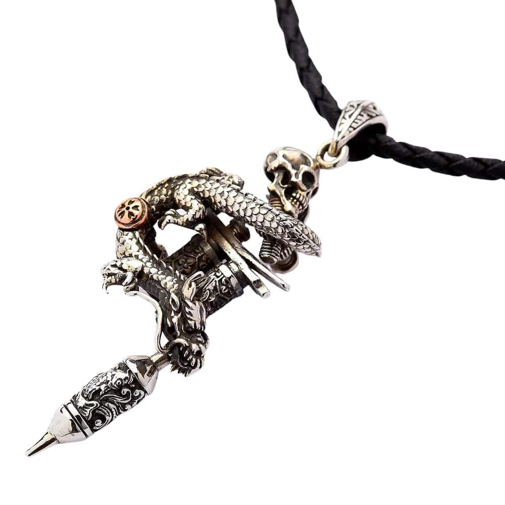 Sterling Silver Dragon Skull Tattoo Machine Gun Pendant Necklace - Gothic Jewelry for Men & Women - Perfect for Tattoo Artists, Bikers, and Rock Music Fans