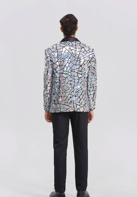 Men's Disco Mirrored Tuxedo Jacket - Shiny Party Blazer for Nightclub, Festival & Costume Events - Perfect for Halloween, Rave & Themed Parties