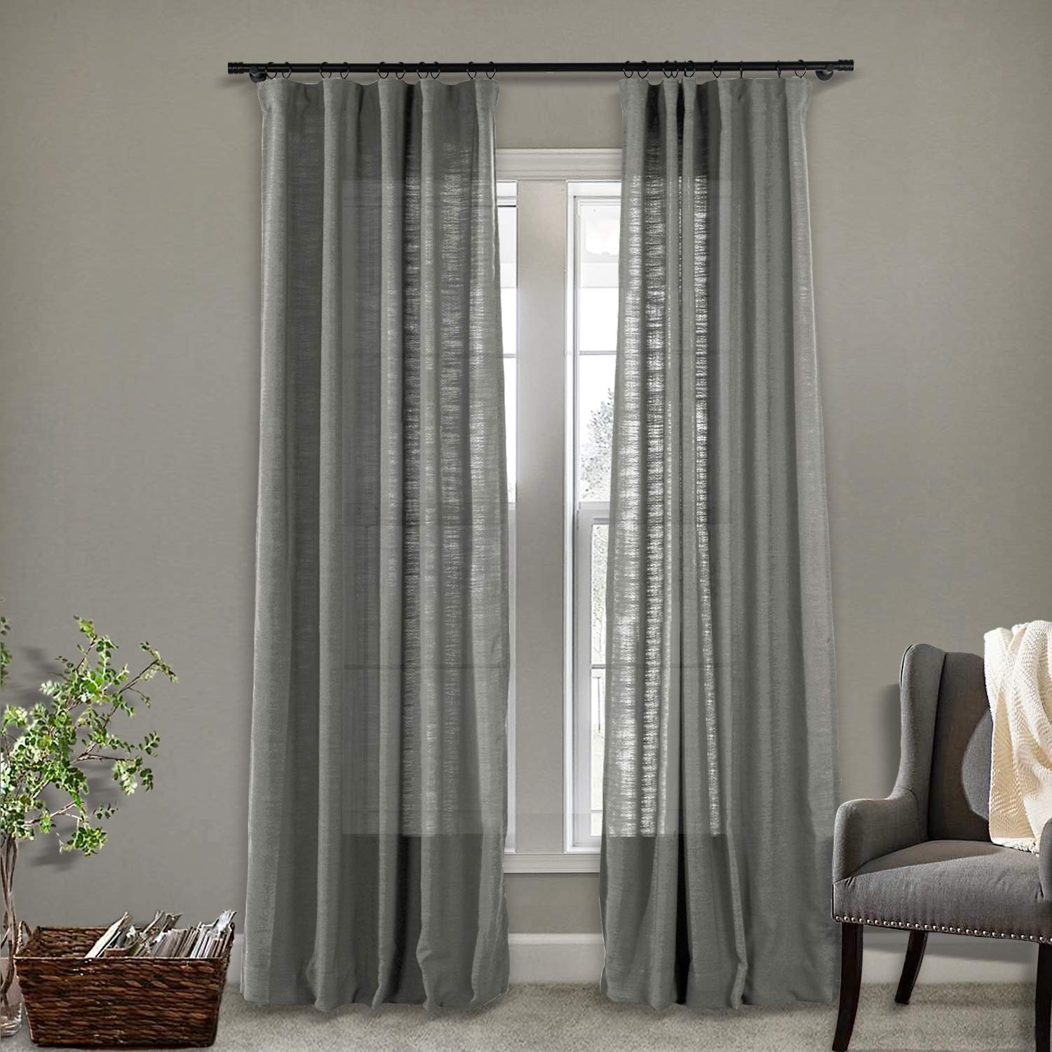 Frelement Textured Sheer Linen Curtains - Energy Efficient Blackout Drapes with 4-in-1 Header for Sliding Glass Doors & Kitchen Windows (Rock Grey, 100