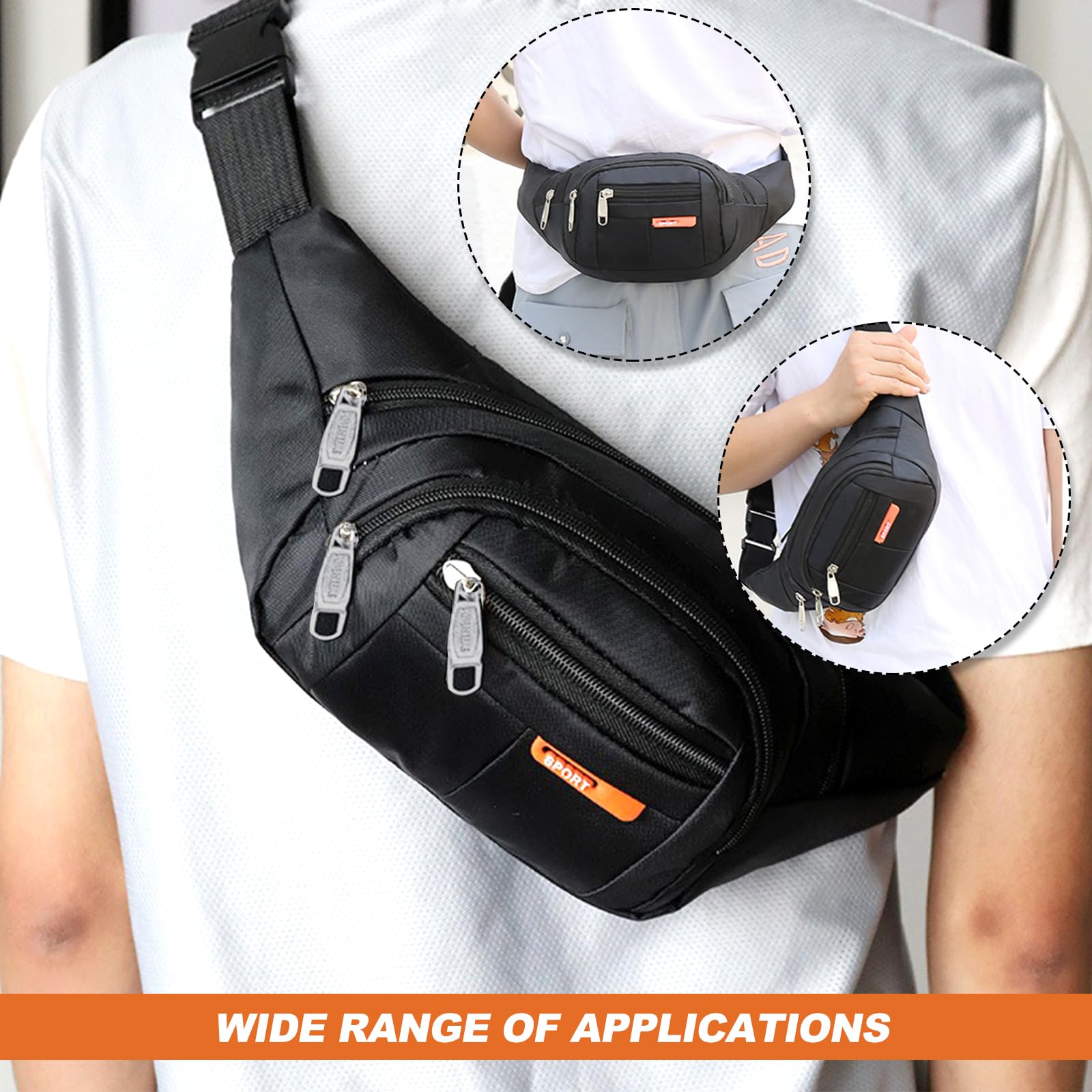 Men's Black Fanny Pack Waist Bag - Crossbody Bum Bag with 4 Zipper Pockets, Durable Oxford Cloth for Outdoor Activities, Cycling, Running & Travel