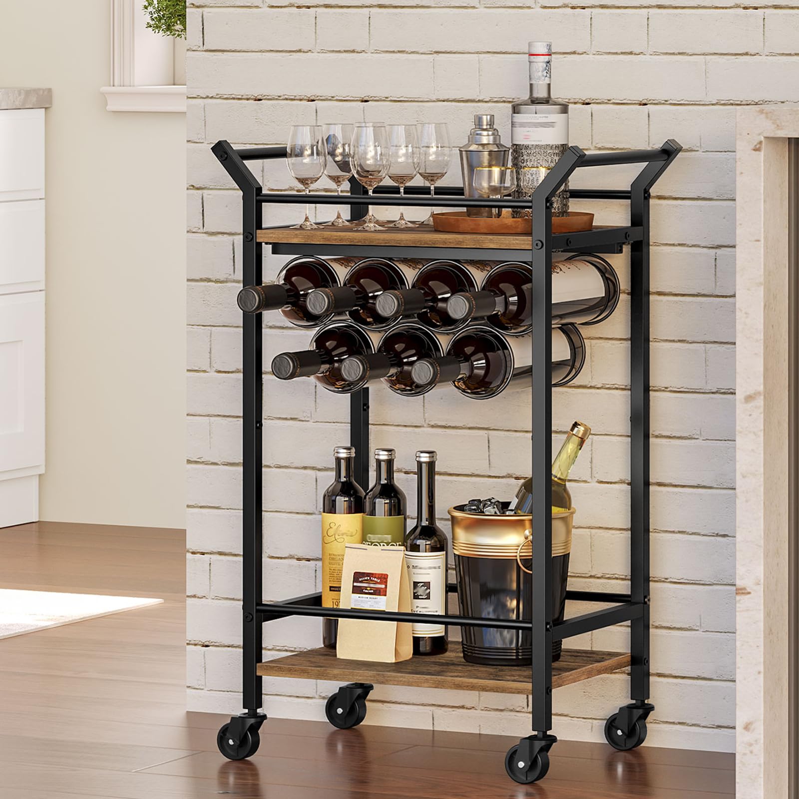 Black & Rustic Brown Bar Cart with Wine Rack - Mobile Kitchen Serving Cart for Beverages & Cocktails | Perfect for Home Parties, Living Room, Kitchen & Small Spaces | BC05BR