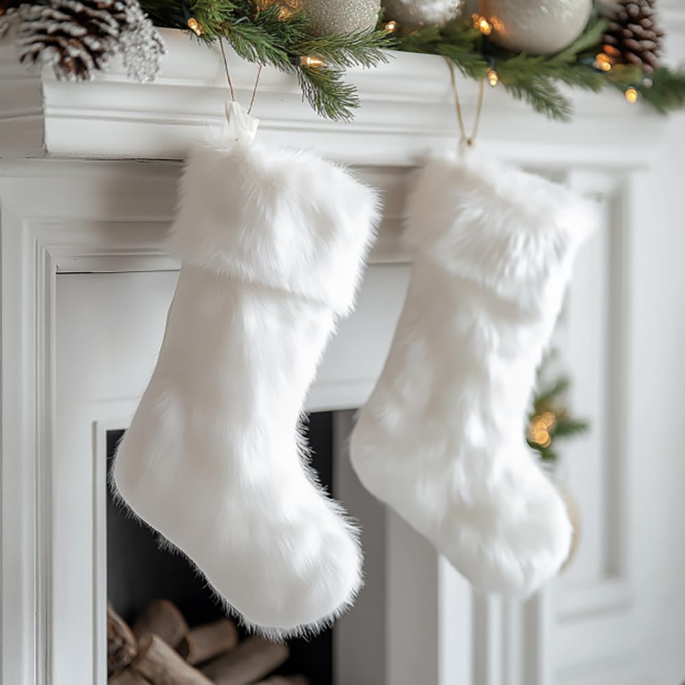 AISENO 2 Pack 18 Inch White Faux Fur Christmas Stockings - Hanging Holiday Decorations for Fireplace, Candy Gifts, Xmas Tree & Festive Home Decor