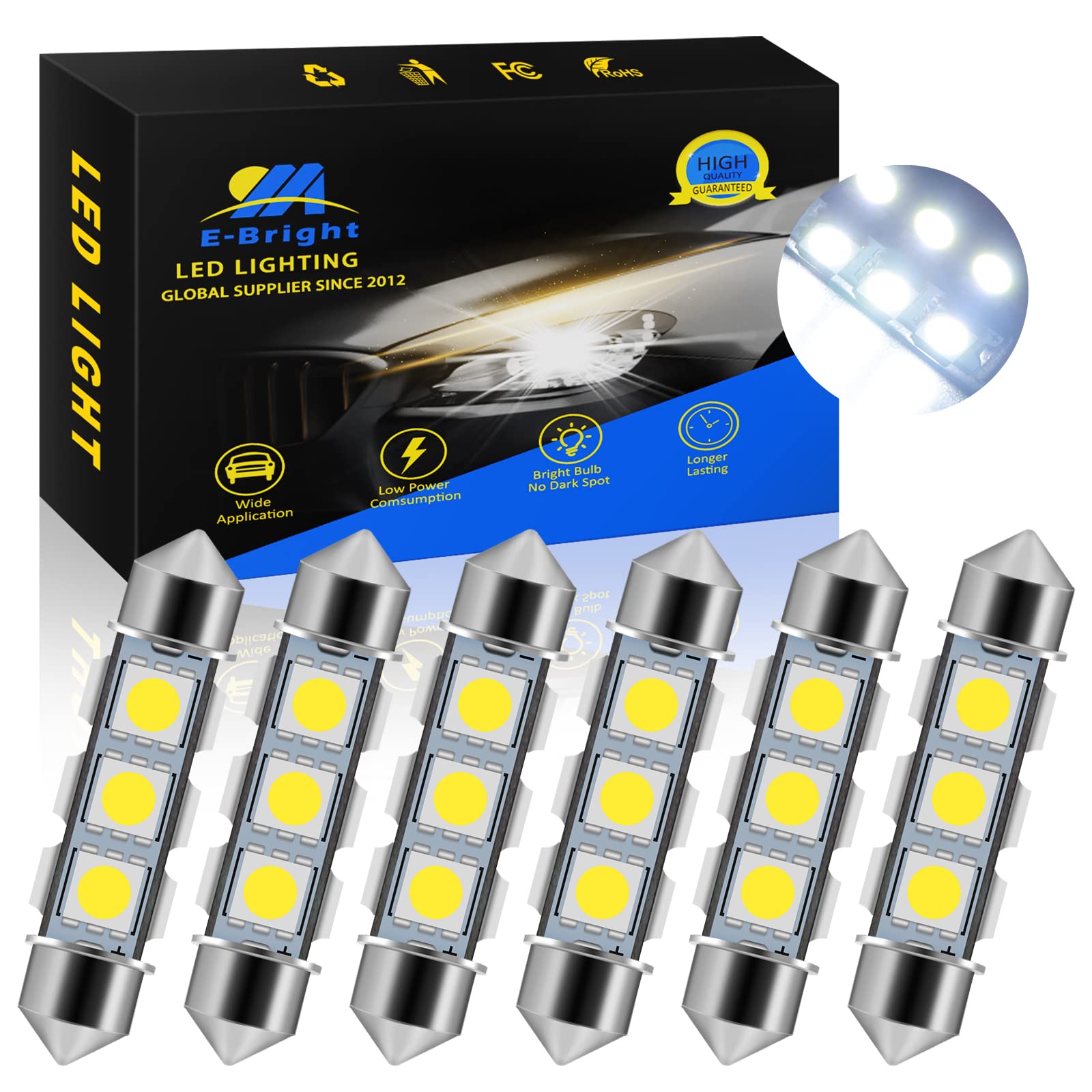 Everbright 6-Pack 44MM 578 LED Bulb White - DC 12V Festoon LED Dome Light, Map Light, Trunk Light, License Plate Light, Interior Car Lights - Perfect for Car Interior Lighting, RV, Boat, and Vehicle Upgrade