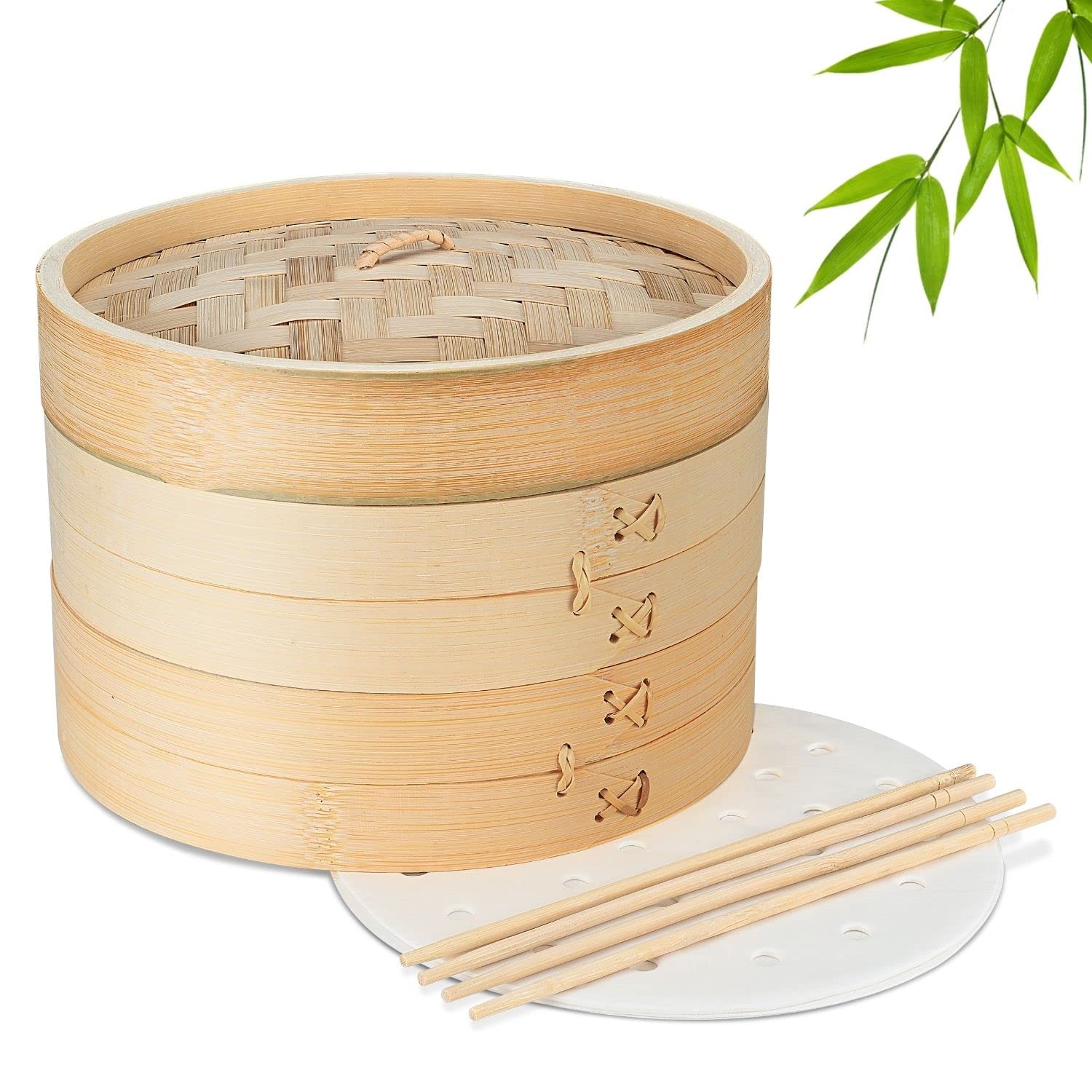 Flexzion 8 Inch Bamboo Steamer Basket Set with 50 Steamer Liners & 2 Chopsticks - Perfect for Dim Sum, Dumplings, Rice, Vegetables, Fish & Meat - Ideal for Asian Cooking, Meal Prep & Healthy Eating at Home