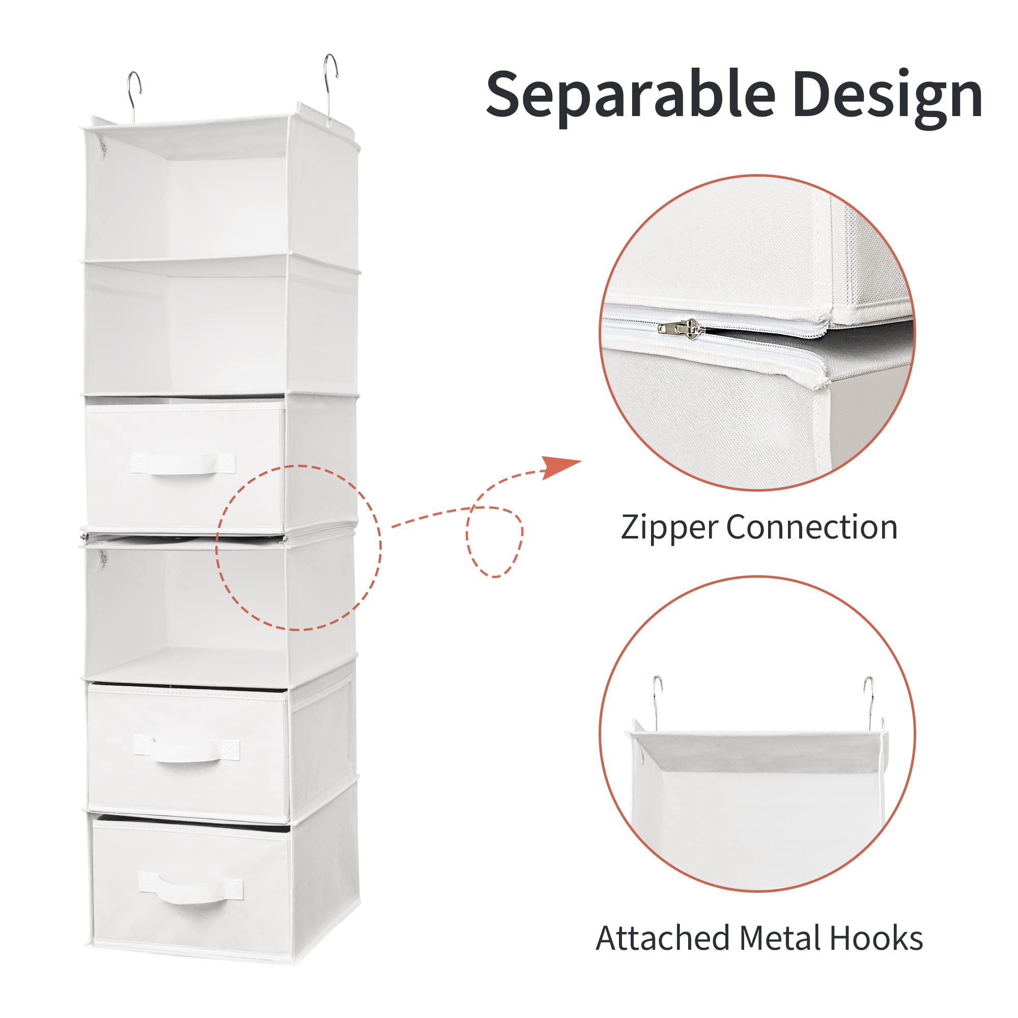 GRANNY SAYS 6-Tier Hanging Closet Organizer with 3 Drawers & 4 Side Pockets - Convertible to 2 Separate 3-Shelf Storage Units - Space Saving Wardrobe Organizer for Bedroom, Closet & Laundry Room (White, 1-Pack)