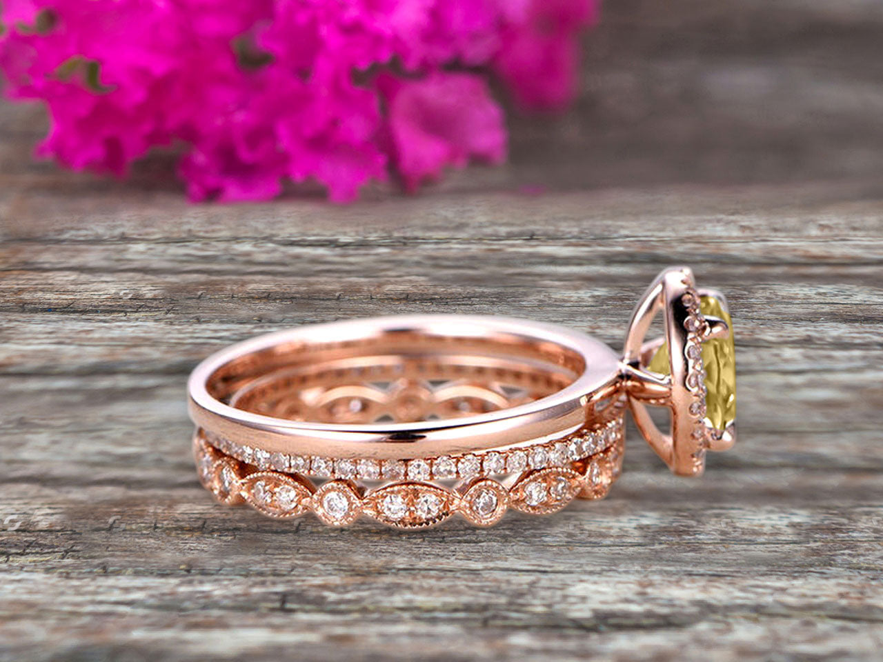 10K Rose Gold 1.75 Carat Round Cut Champagne Diamond Moissanite Engagement Ring Set with Matching Wedding Bands - Halo Design Art Deco Style for Women, Bridal Jewelry Gift (Perfect for Proposals, Anniversaries & Weddings)