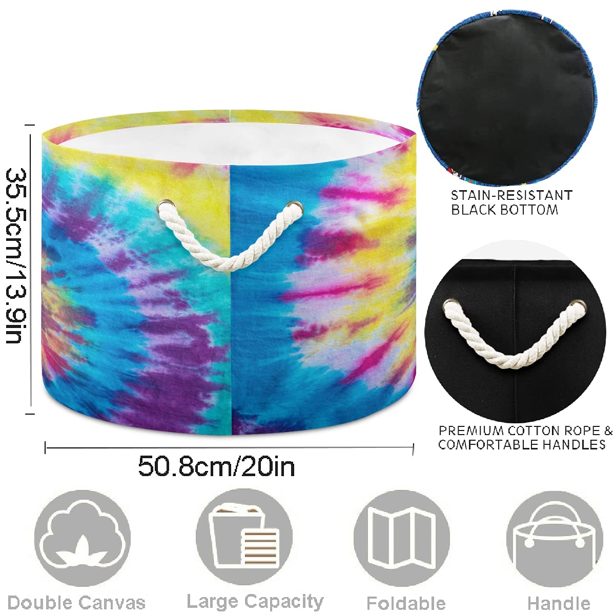 Visesunny Collapsible Fabric Laundry Basket with Tie Dye Swirl Design - Foldable Storage Bin for Clothes, Toys & Organizing - Perfect for Bathroom, Bedroom, Nursery, Closet & Office Organization