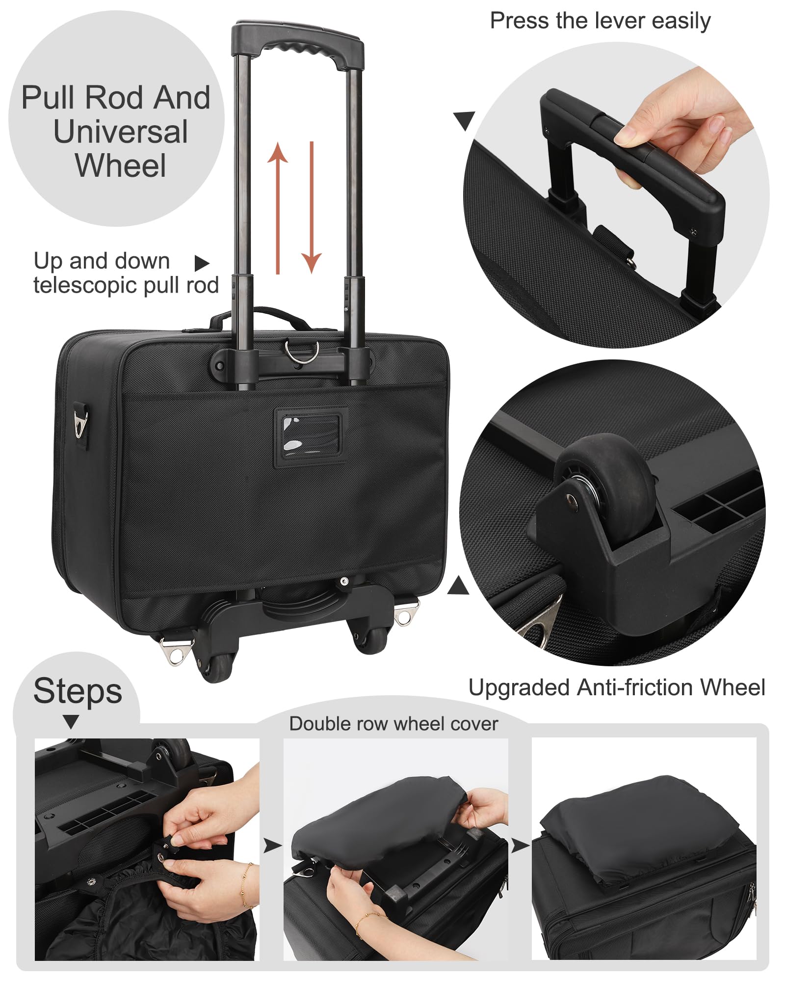 MONSTINA Rolling Makeup Train Case with 4 Small Cosmetic Bags + Professional Hairdressing Organizer | Adjustable Divider Travel Makeup Trolley for Hairstylists & Makeup Artists | Perfect for Salon, Bridal & On-Site Beauty Services (Black)