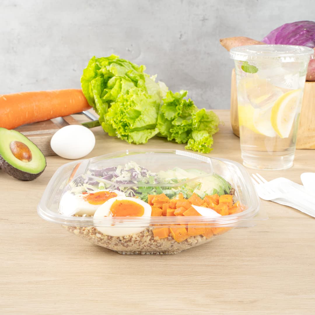 Restaurantware Thermo Tek 25.4oz Clear Plastic Salad Bowls with Lids - 100-Pack Freezable, Anti-Fog Disposable Food Containers for Takeout, Meal Prep & Catering | Perfect for Salads, Soups, Noodles & Party Serving