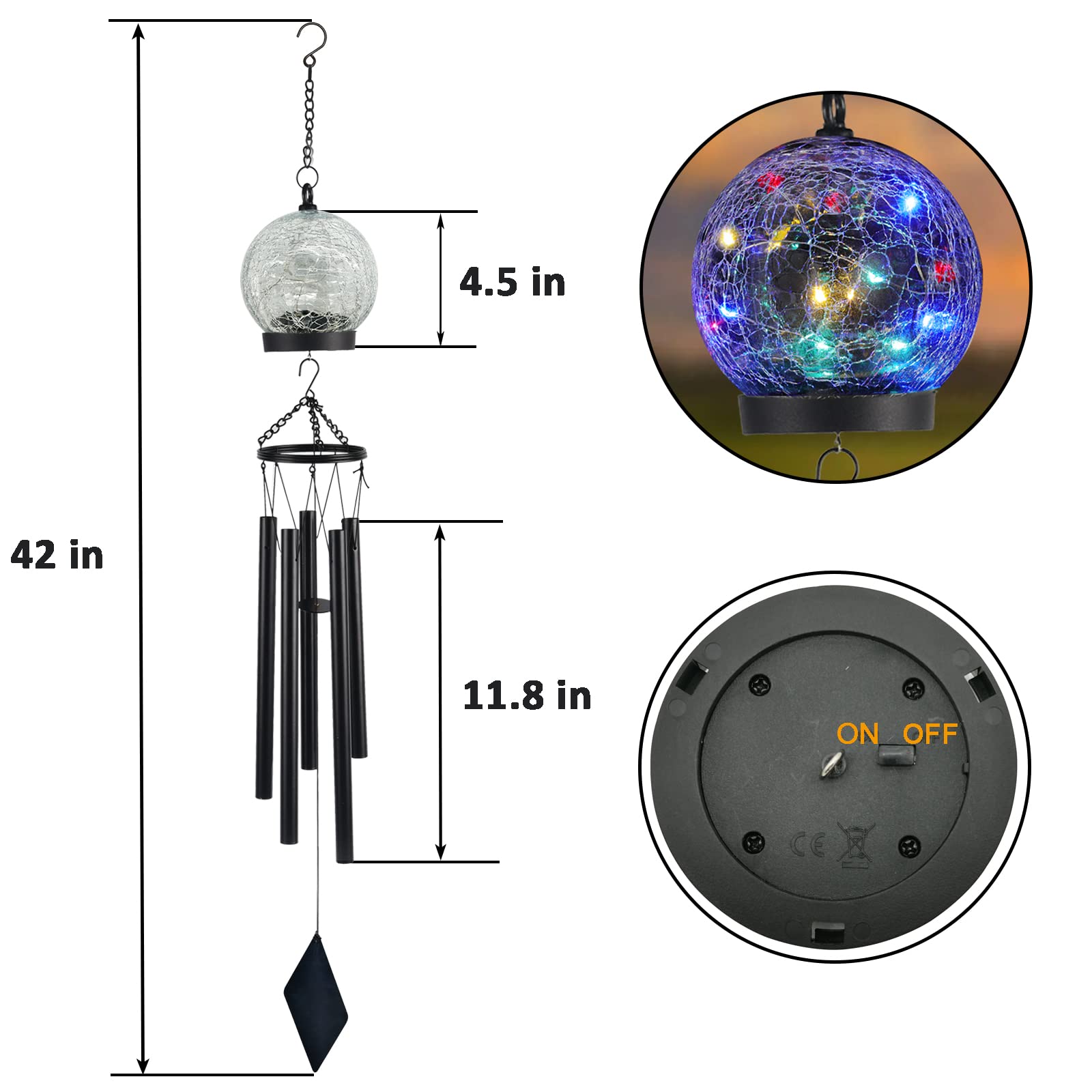 Solar-Powered Wind Chimes with 15 LED Twinkle Lights - 42 Inch Large Crackled Glass Ball Outdoor Decor for Garden, Yard, Patio - Perfect Sympathy Gift for Women & Birthday Present - Ideal for Relaxing Evenings, Landscape Lighting, and Outdoor Ambiance