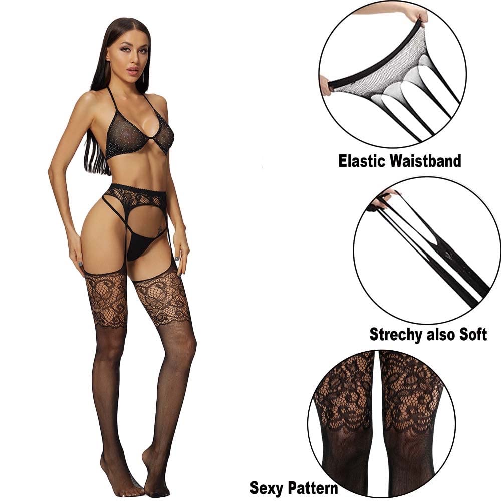 Verterosie Women's Black Floral Lace Garter Belt & Thigh-High Stockings Set - Sexy High Waist Suspenders with Fishnet Pantyhose for Valentine's Day, Bridal Lingerie & Boudoir Photography