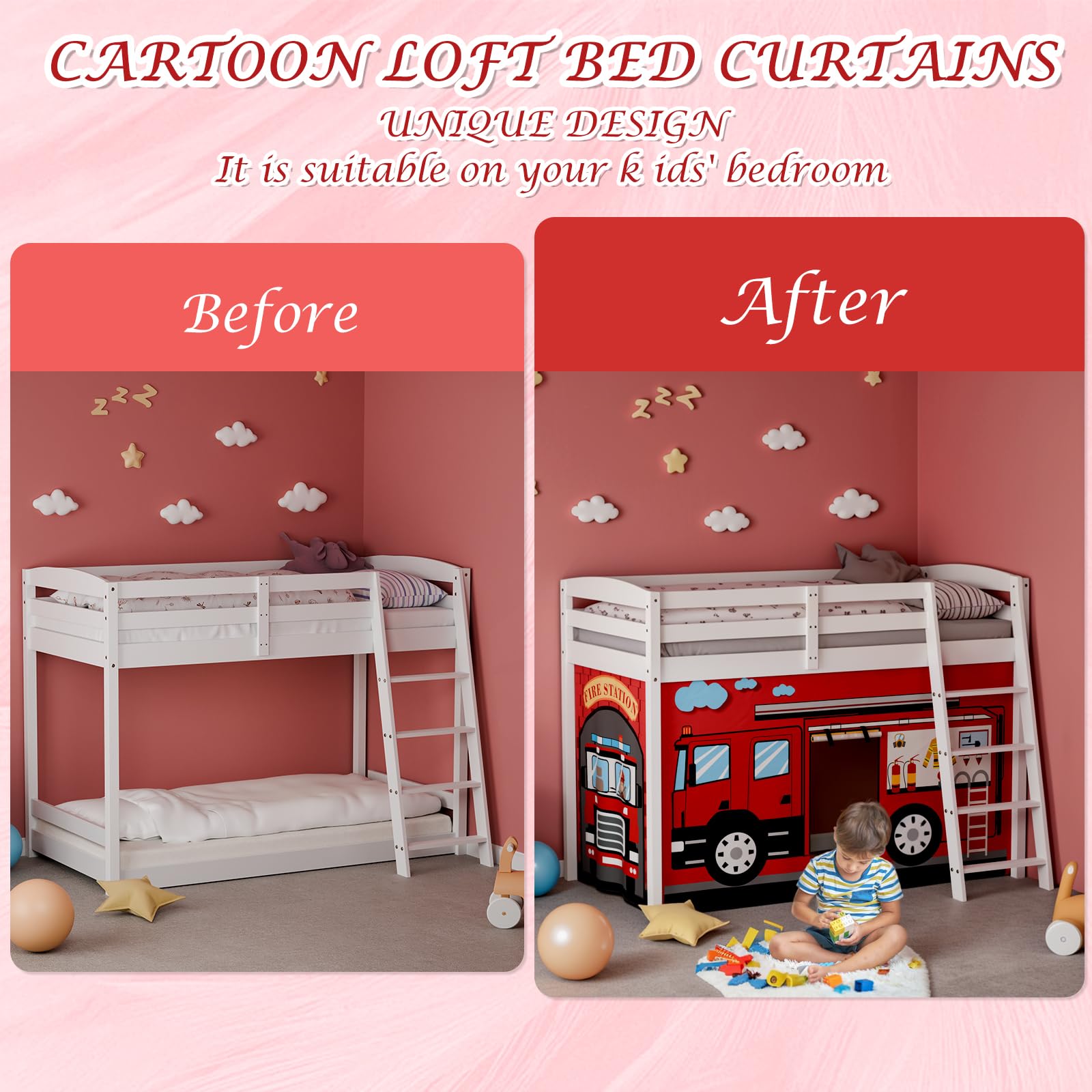 Fire Truck Bunk Bed Curtains - Premium Customizable Cartoon Loft Bed Curtains for Kids (3PCS, Twin Size) | Enhance Imagination & Room Decor | Perfect for Themed Bedrooms, Playrooms & Kids' Sleepovers