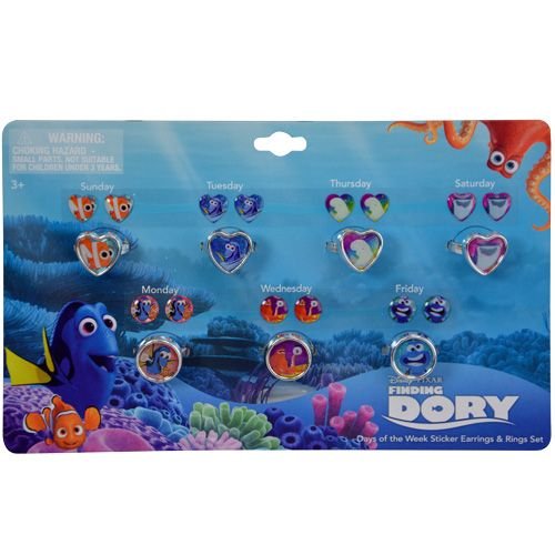 Finding Dory Days of The Week Earrings and Rings Set - Disney Pixar Inspired Jewelry for Kids & Adults - Perfect for Birthday Gifts, Movie Nights & Disney Fans