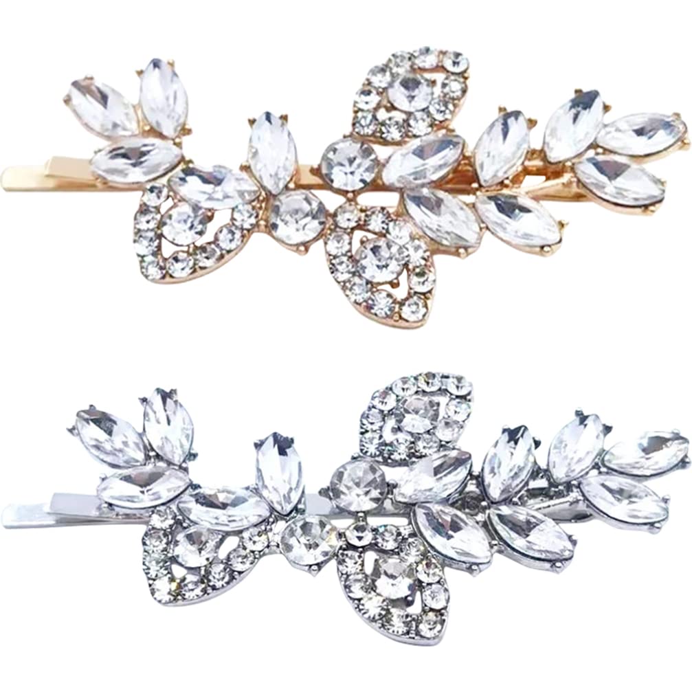 KALLORY Rhinestone Hair Clips for Women - 2pcs Crystal Leaf Hair Accessories for Wedding, Bridal, Party | Elegant Side Hair Clips & Tiara for Women and Girls    Perfect for weddings, bridal showers, proms, parties, or everyday glamorous styling. Adds sparkle to any hairstyle for special occasions or daily wear.