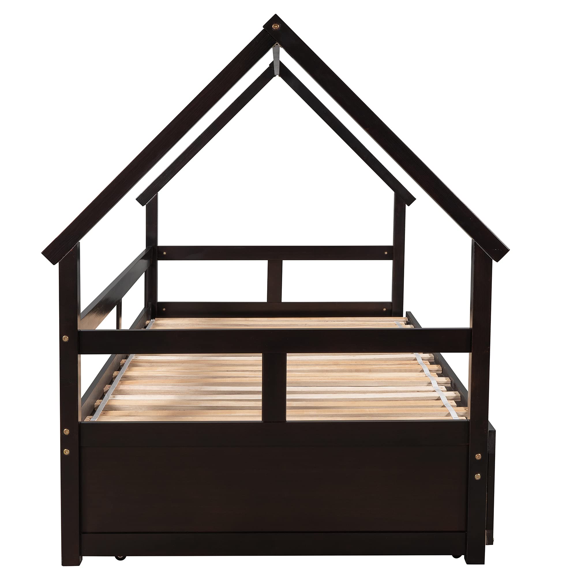 Wooden Daybed with Trundle & 2 Storage Drawers - Twin to King Size Convertible House Bed for Kids & Teens, No Box Spring Needed (Espresso) - Perfect for Guest Rooms, Dormitories & Small Spaces