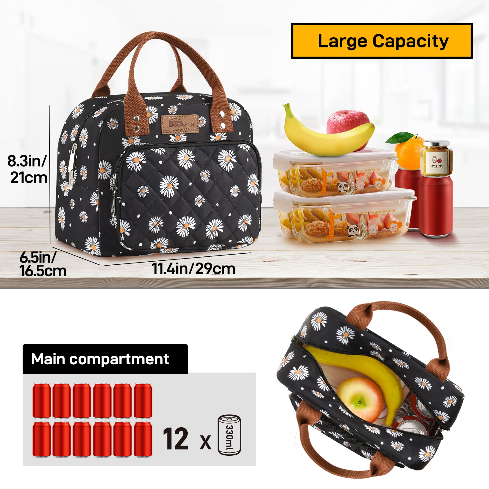 Burninger HOMESPON Insulated Lunch Bag for Women & Men - Leakproof Lunch Tote with Front Pocket - Perfect for Work, School, Picnic, Travel & Outdoor Activities (Daisy Pattern)