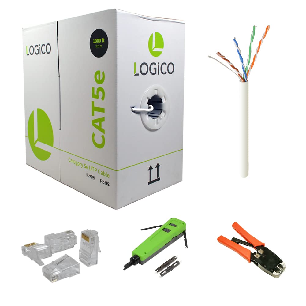 LOGICO Cat5e Ethernet Cable 1000FT White + RJ45 Crimp Tool + Punch Down Tool + 100 Pcs RJ45 Connectors Kit - Perfect for Home Network Setup, Office Wiring & DIY Networking Projects