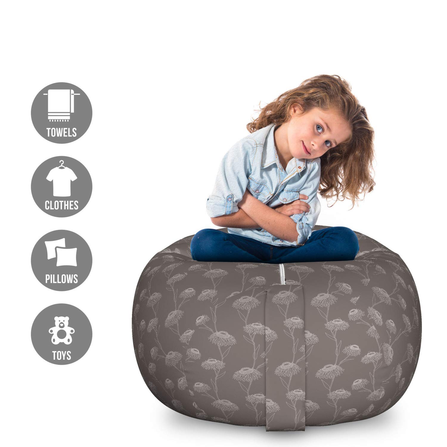 Ambesonne Large Taupe Storage Toy Bag Chair - Chrysanthemum Blooms Botanical Design on Dark Background, Washable Stuffed Animal Organizer | Perfect for Kids' Room, Nursery, Playroom & Dorm Organization