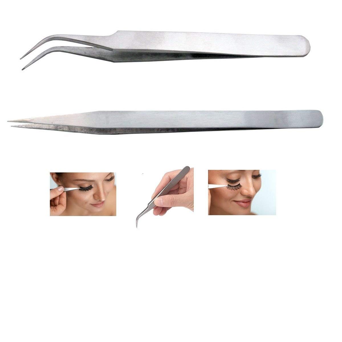 2-Piece Stainless Steel Multipurpose Tweezer Set for False Eyelashes, Eyelash Extensions & Nail Art - Professional Manicure Tools (Silver) - Perfect for Salon, Home Use & Beauty Enthusiasts