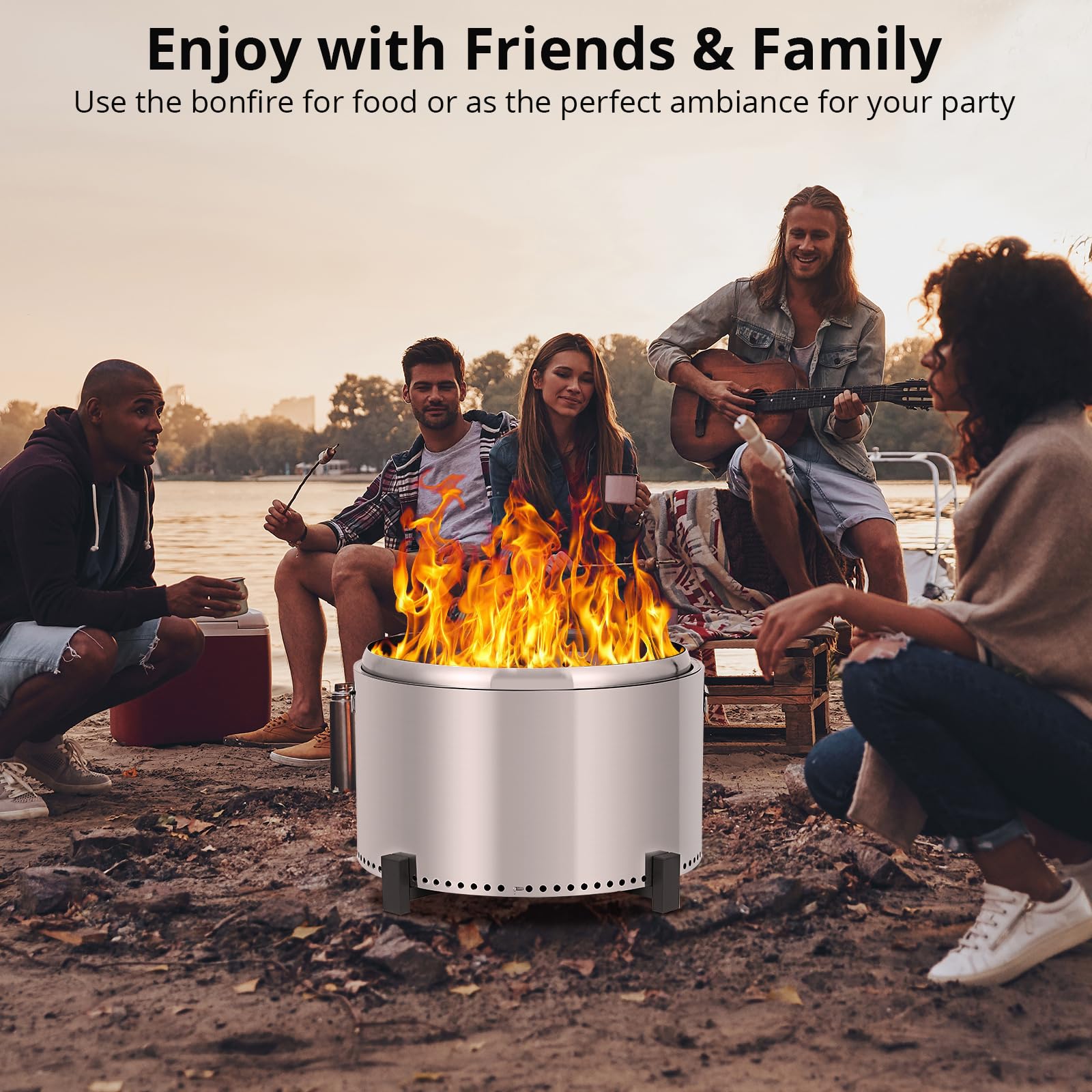 GARVEE 27 Inch Smokeless Fire Pit - Stainless Steel Outdoor Firepit with Removable Stand & Ash Pan - Large Portable Wood Burning Fire Pit for Camping, Backyard, Patio, and Beach Gatherings