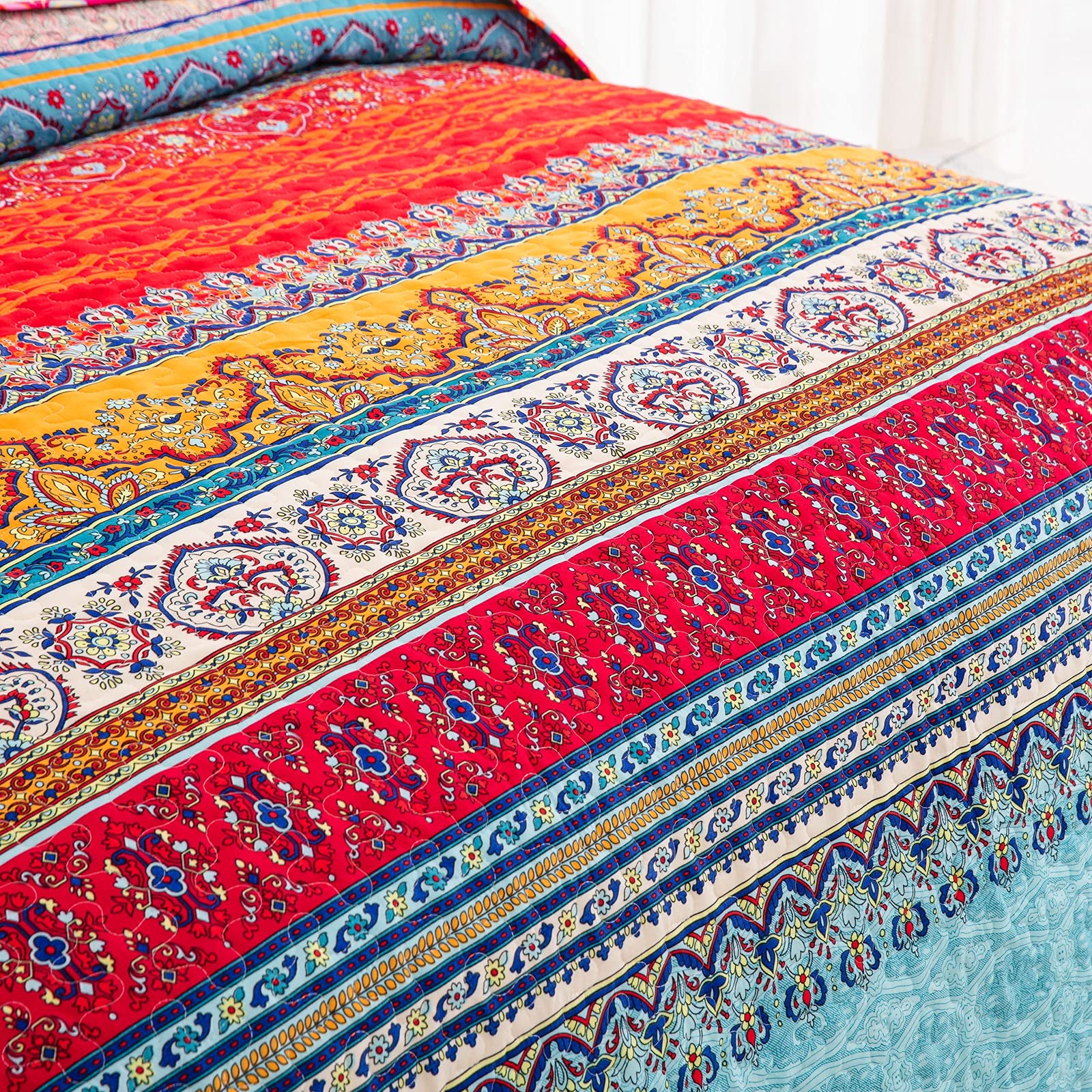 WONGS BEDDING King Size Boho Quilt Set - Blue Bohemian Style Lightweight Bedspread (3 Pieces, 103
