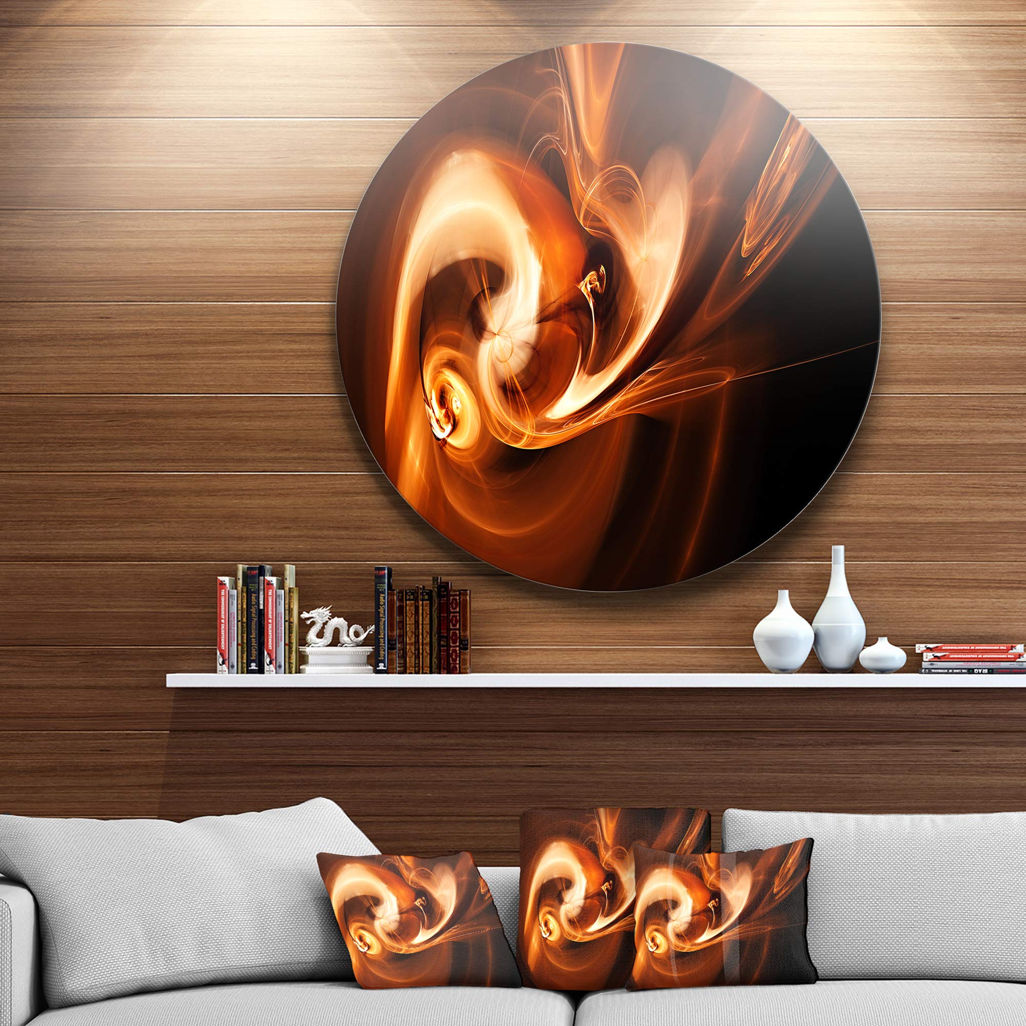 DesignArt Round Metal Wall Art - Fractal Smoke Texture in Brown, Abstract Round Metal Wall Decor for Living Room, Bedroom & Office
