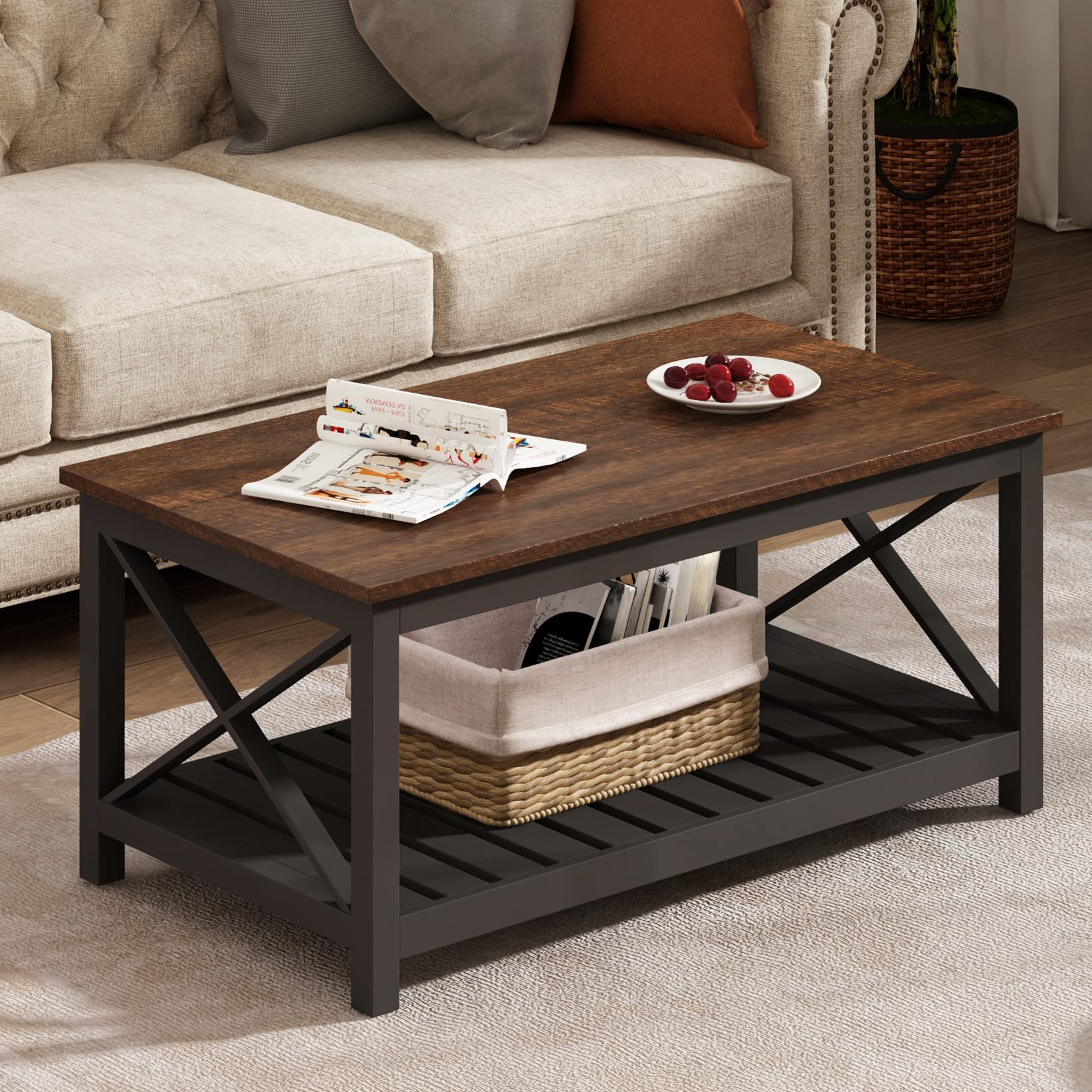 Rustic Vintage Farmhouse Coffee Table with Shelf - ChooChoo Solid Wood Living Room Table, 40