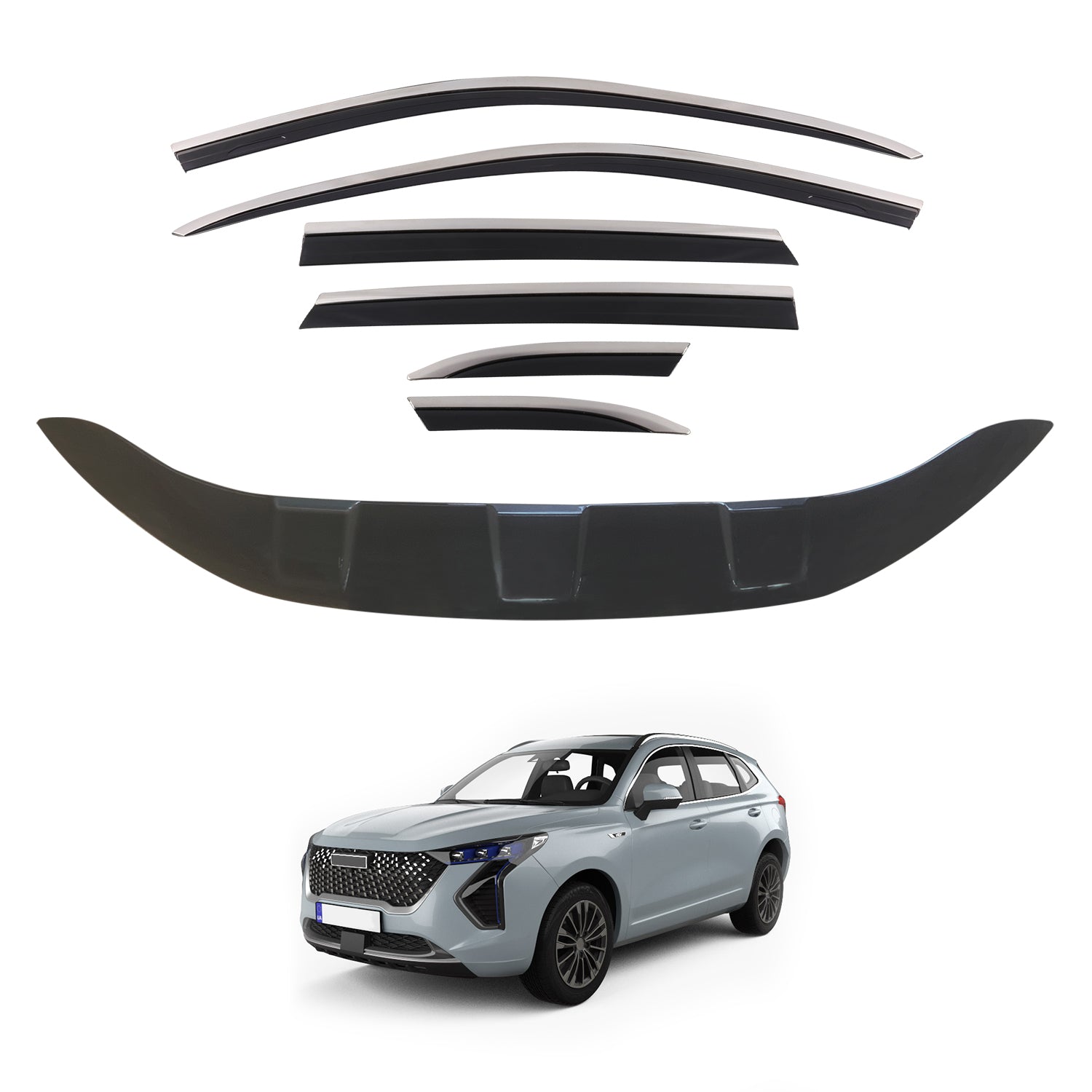 Haval Jolion 2021-2024 Stainless Steel Window Visors & Hood Protector - Rain & Sun Protection for Enhanced Driving Comfort