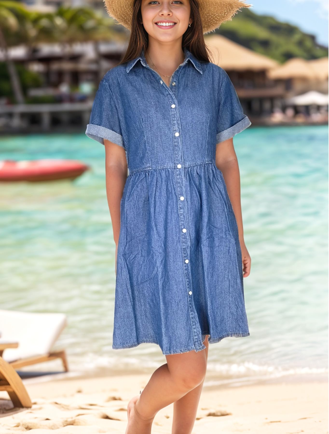 Women's Casual Denim Babydoll Dress with Pockets - Short Sleeve Button Down Jean Dress for Everyday Wear | Perfect for Spring, Summer & Casual Outings