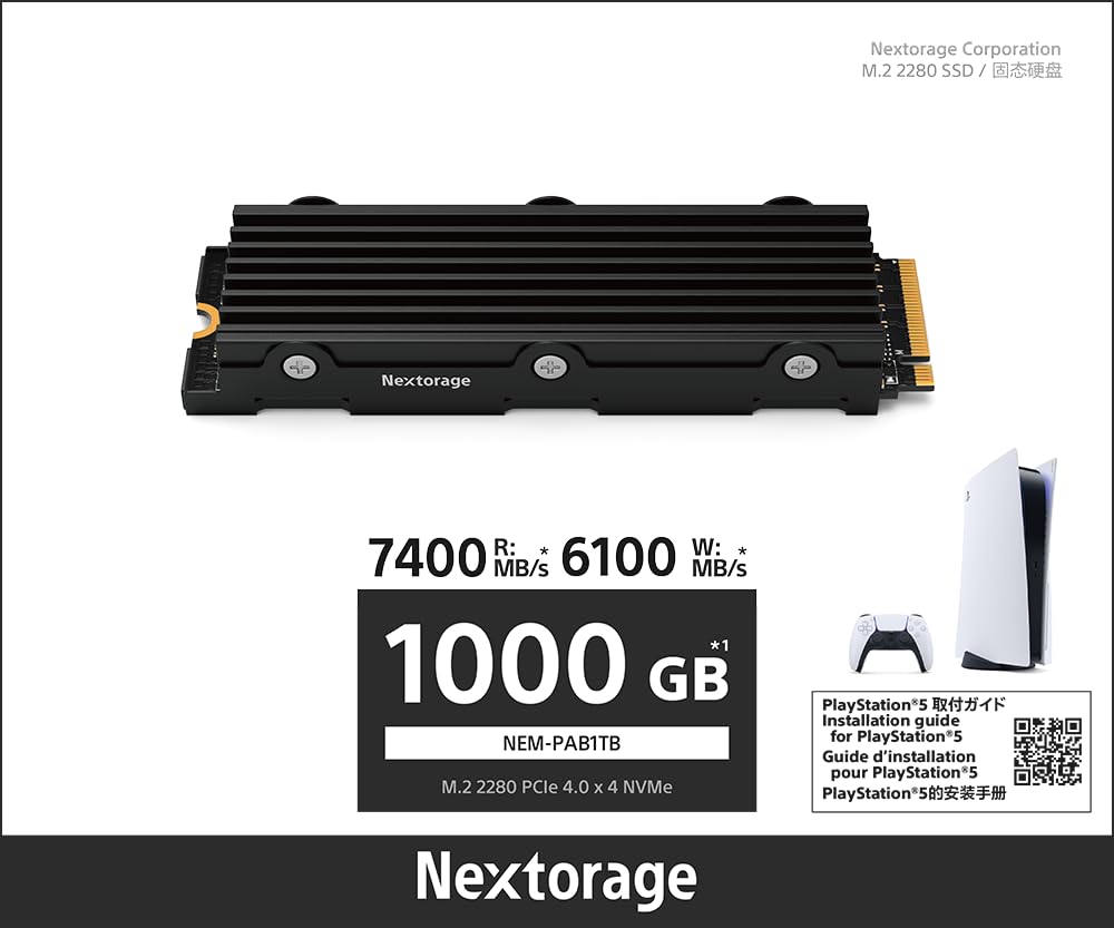 Nextorage Japan NEM-PAB 1TB Internal SSD - M.2 2280 PCIe Gen4 NVMe with Heatsink - 7400MB/s Read & 6100MB/s Write - Compatible with PS5/PS5 Slim/PS5 Pro - High-Speed Gaming & PC Storage Upgrade (NEM-PAB1TB)
