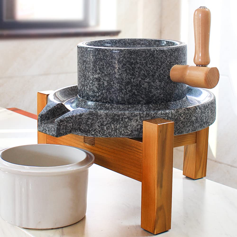 Premium Manual Granite Stone Grinder - Natural Stone Mill for Rice, Soybeans & Grains | Hand Crank Flour Mill with Wooden Stand (7.87