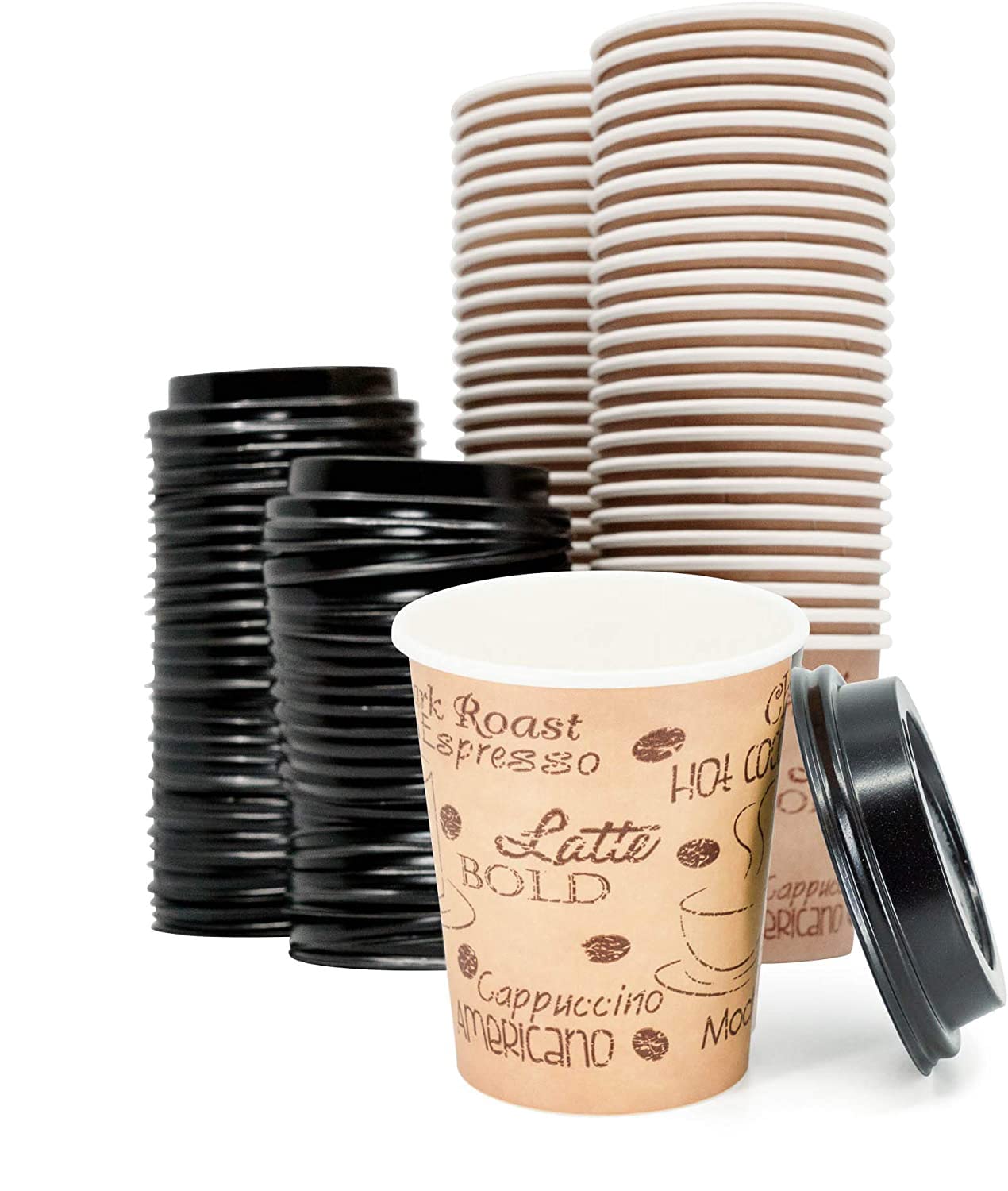 8oz Disposable Paper Coffee Cups with Black Lids - 50 Pack - Double Shot Espresso To Go Cups for Office, Cafes & Catering - Eco-Friendly Medium Size Hot Drink Containers