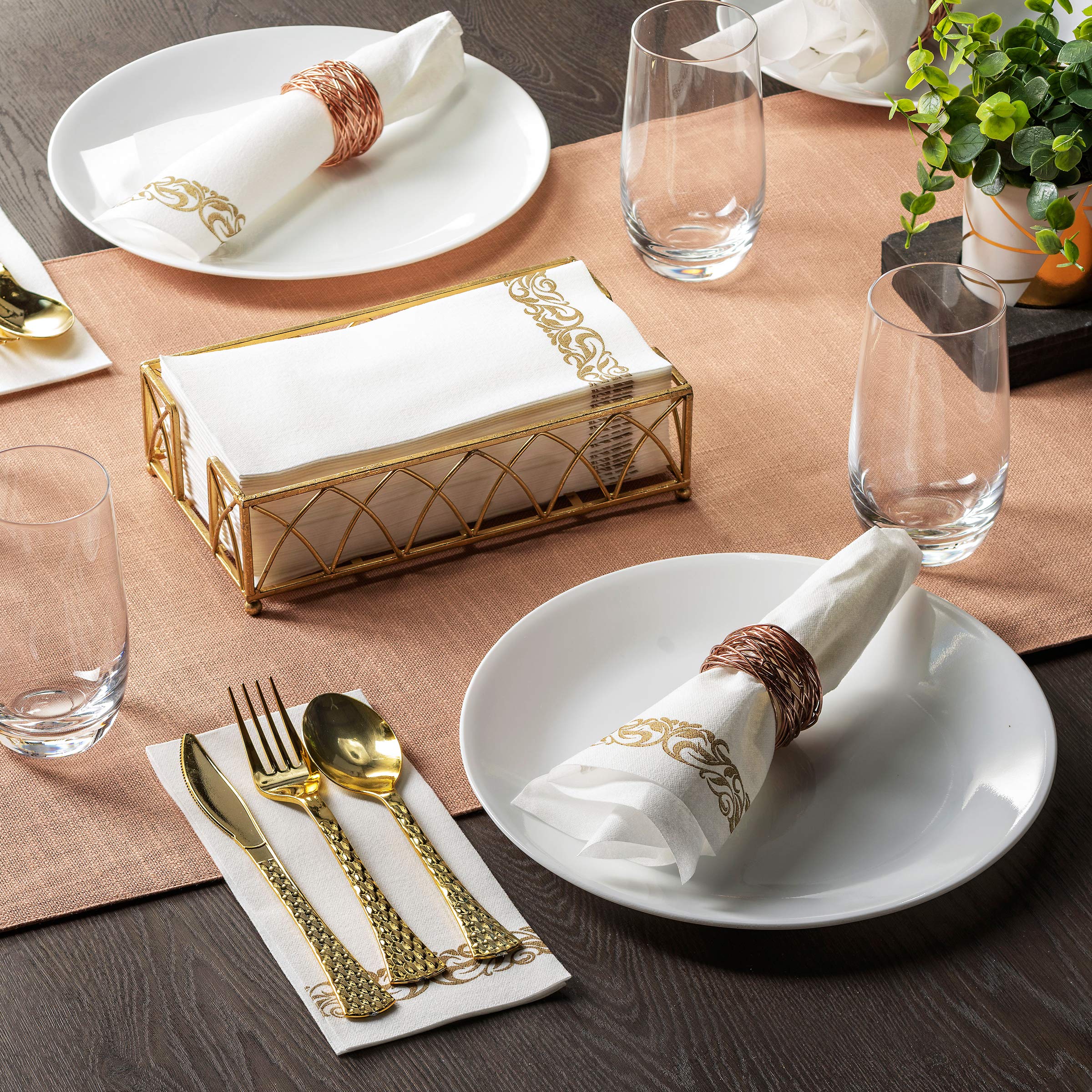 50-Pack Premium Disposable Linen-Feel Guest Towels - Decorative White Bathroom Hand Towels with Gold Floral Pattern | Perfect for Parties, Weddings & Upscale Restrooms