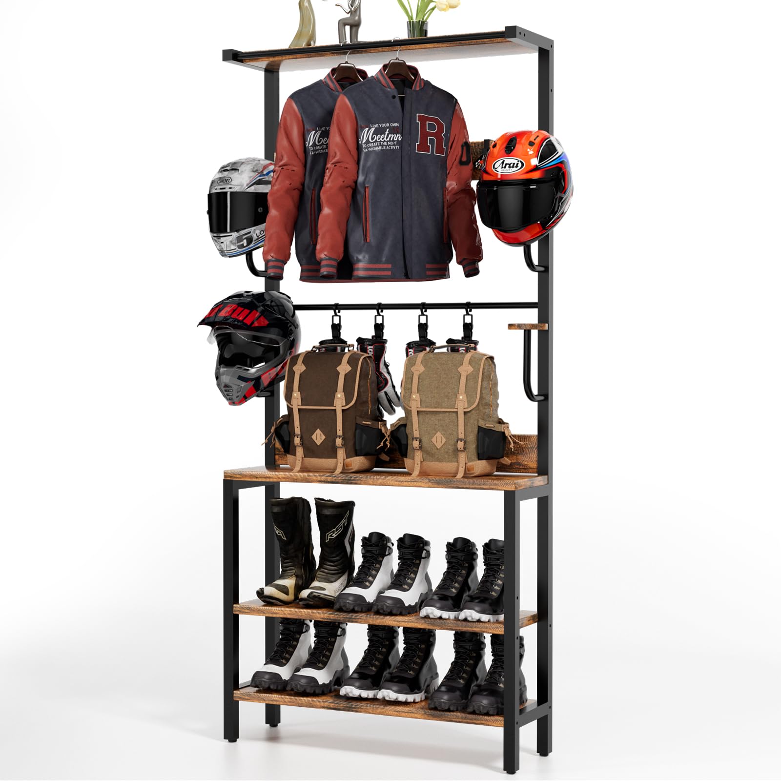 Motorcycle Helmet Holder - Floor & Wall Mounted Stand with Helmet Rack, 4 Glove Chips & 4 Hooks - Rustic Design for Most Helmets - Perfect for Garage, Shed, or Workshop Organization