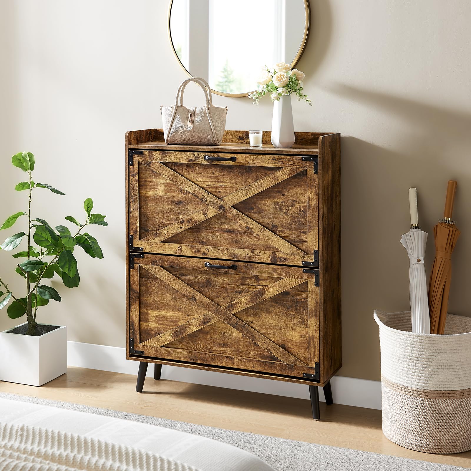 Farmhouse Style Shoe Cabinet with 2 Flip Drawers - Freestanding Entryway Shoe Organizer for Hallway, Porch & Living Room - Compact Hidden Storage with Detachable Racks - Classic Brown Shoe Rack for Small Spaces & Home Organization