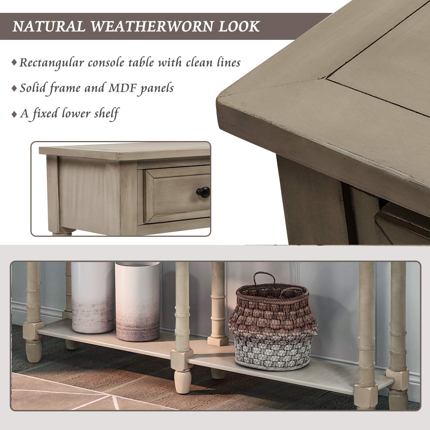 Danxee Solid Wood Entryway Console Table with Drawers & Shelf - Easy Assembly Grey Wash for Hallway, Living Room & Foyer Decor