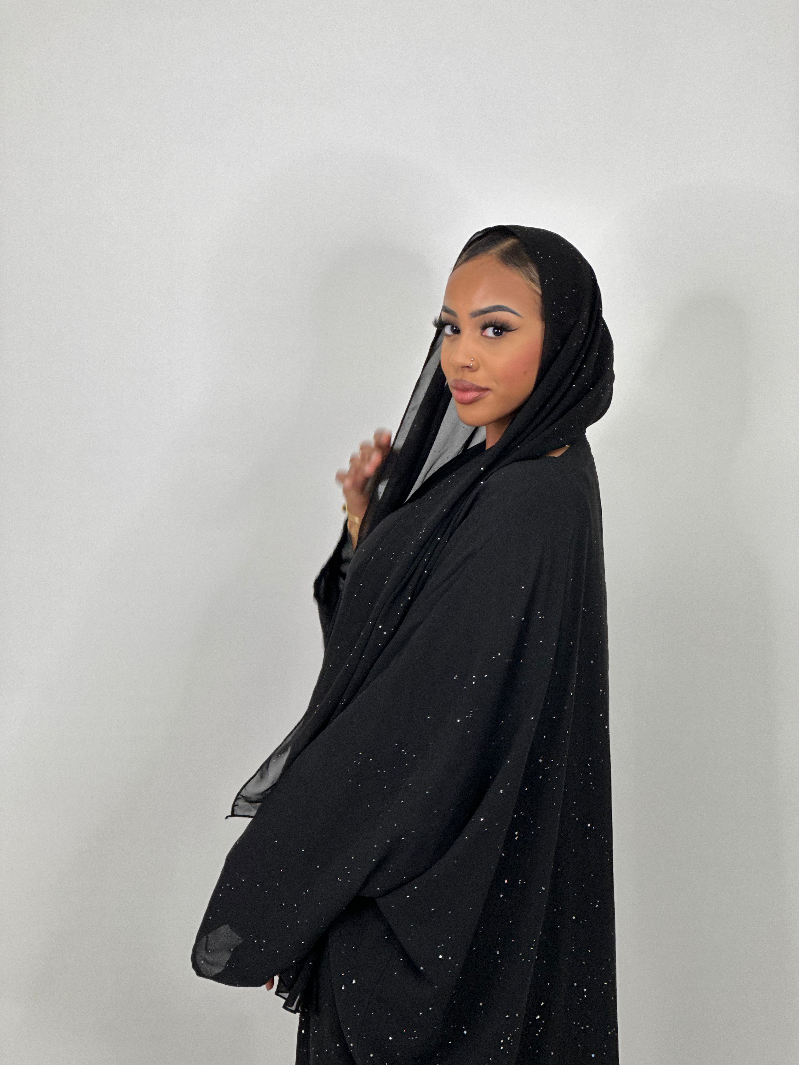 Elegant Black Stars Abaya Set - Modest Islamic Prayer Dress for Women - Perfect for Eid, Ramadan & Special Occasions