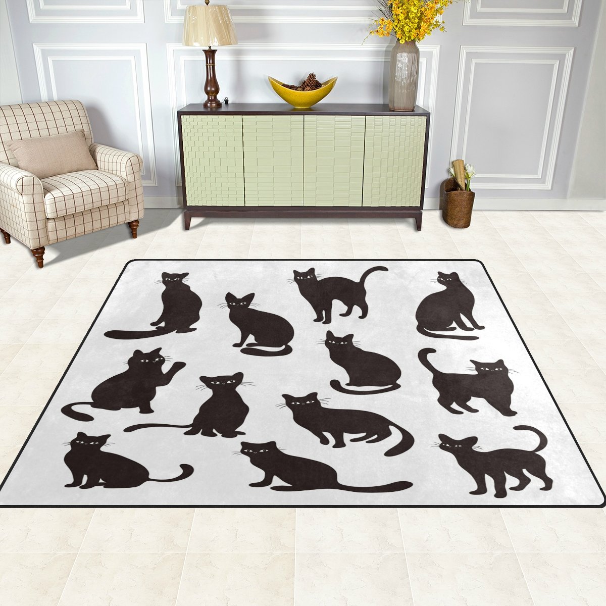 ALAZA Black Cute Cartoon Cat Silhouette Area Rug - 7' x 5' Soft Non-Slip Floor Mat for Living Room, Bedroom, Nursery | Perfect for Home Decor, Pet Lovers & Cozy Spaces