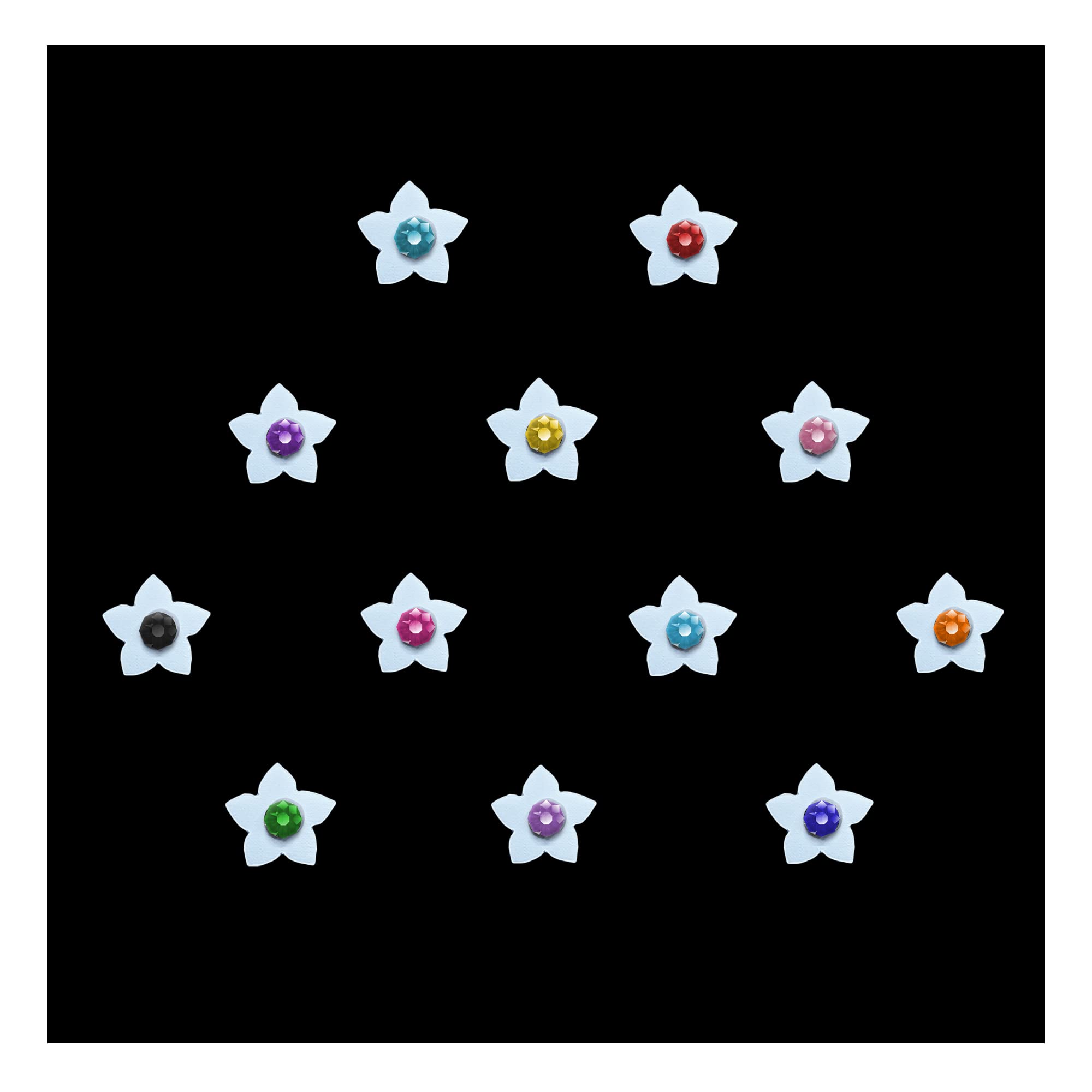 Comet Busters Cute White Floral Baby Bindis with Colorful Stones - 6mm Kids Face Stickers for Parties, Halloween & Indian Festivals (BB050)