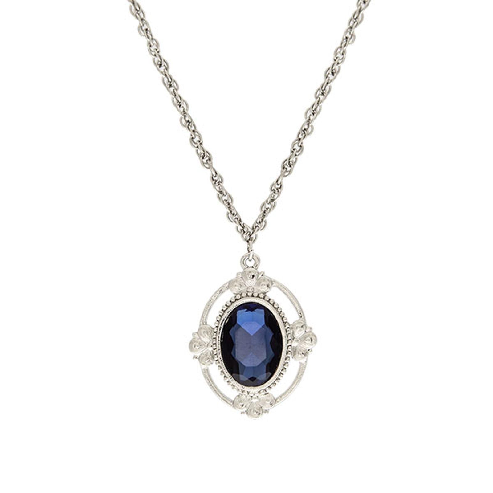 1928 Jewelry Montana Blue Oval Glass Stone Pendant Necklace - 16