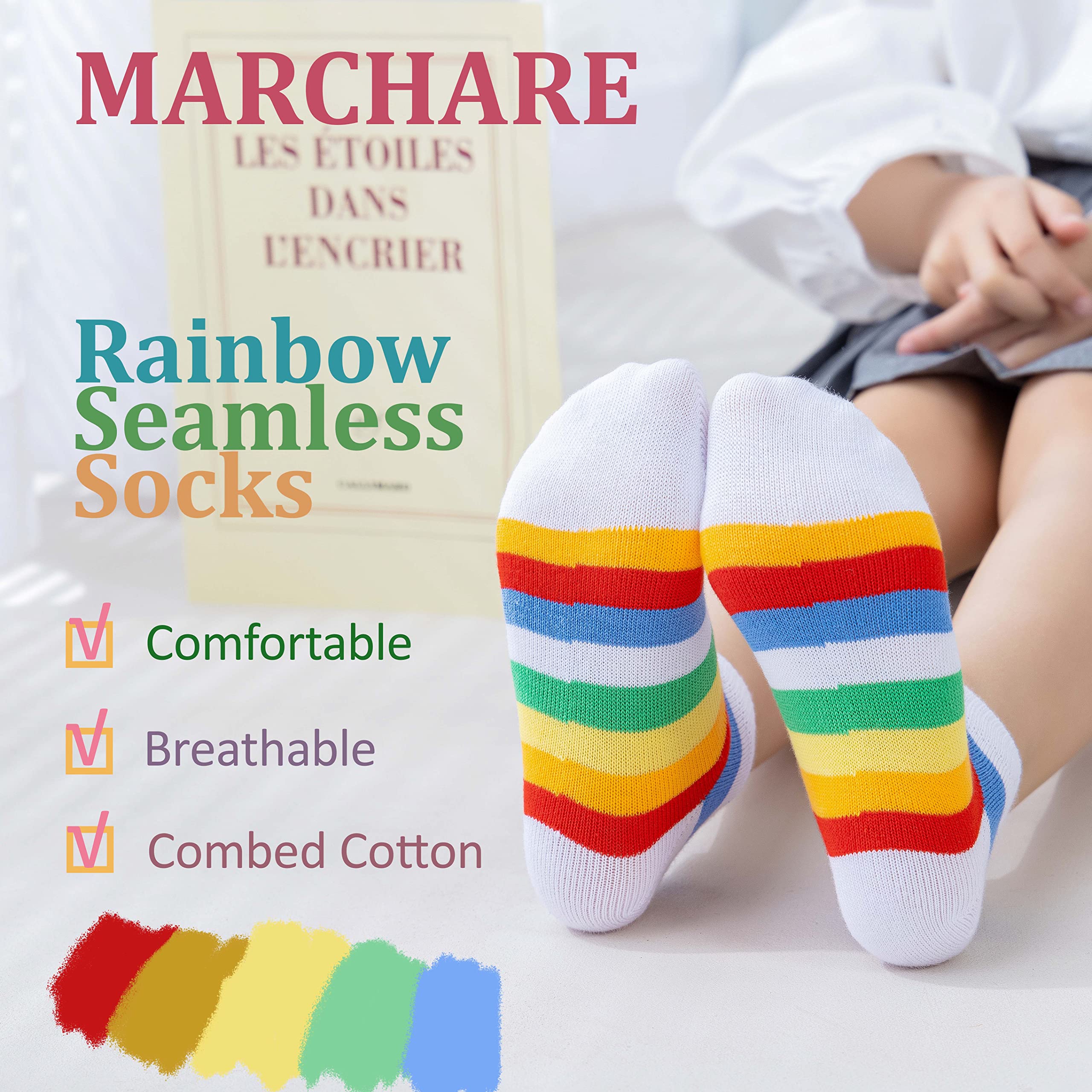 Marchare Girls Seamless Cotton Socks - 5 Pack Rainbow Striped Crew Socks for Kids, School, Play & Everyday Wear