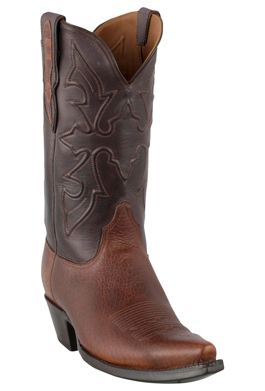 Pinto Ranch Men's Black Jack Buffalo Leather Cowboy Boots - Tan & Dark Brown Western Boots for Rodeo, Country Dancing & Outdoor Adventures