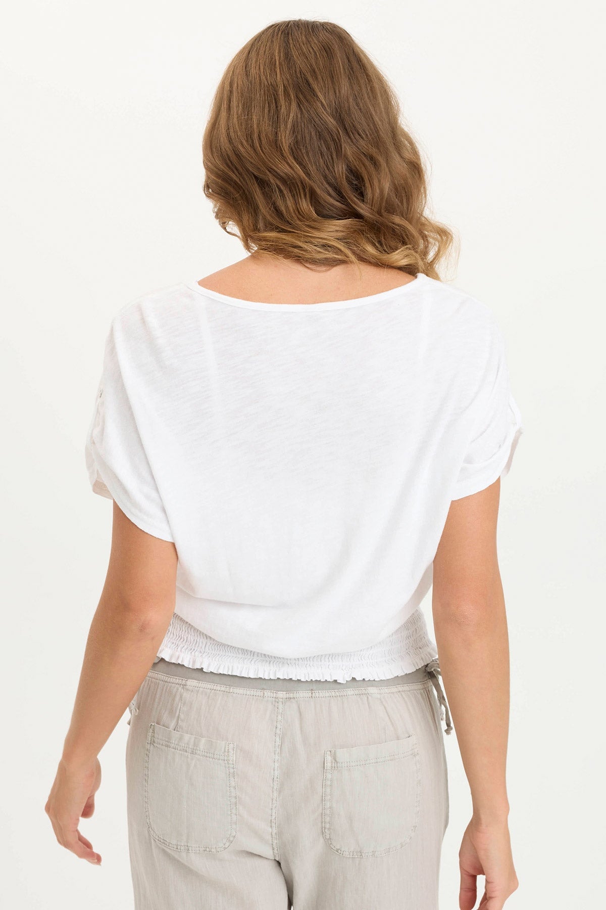 Oko Women's Linen Jersey Blend Cinched Hem T-Shirt - Casual Summer Tops for Beach, Travel & Everyday Wear