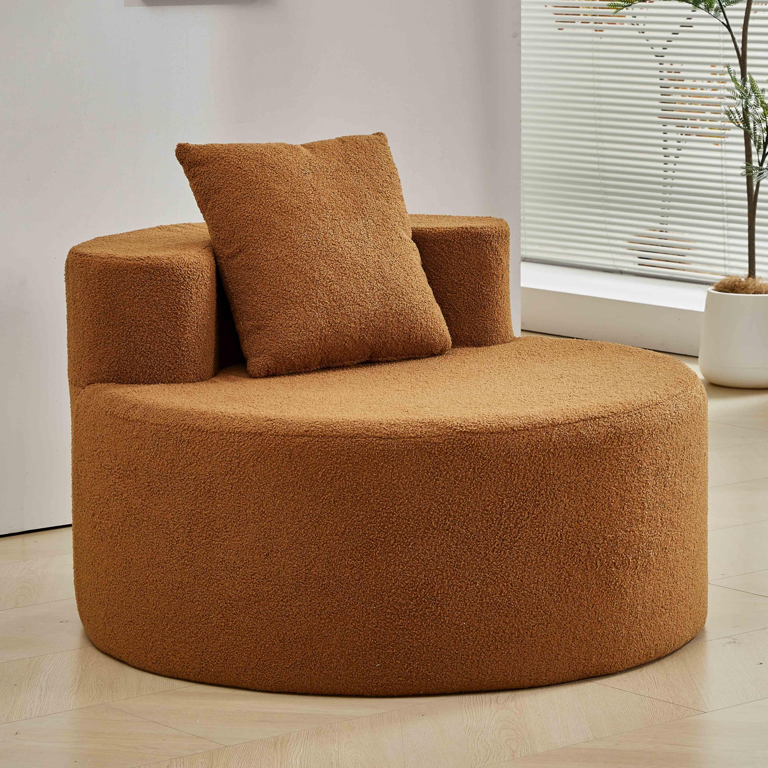 Comfortable Teddy Fabric Accent Chair with Pillow - Round Living Room Chair in Orange | Perfect for Cozy Reading Nooks, Lounge Areas & Small Space Decor