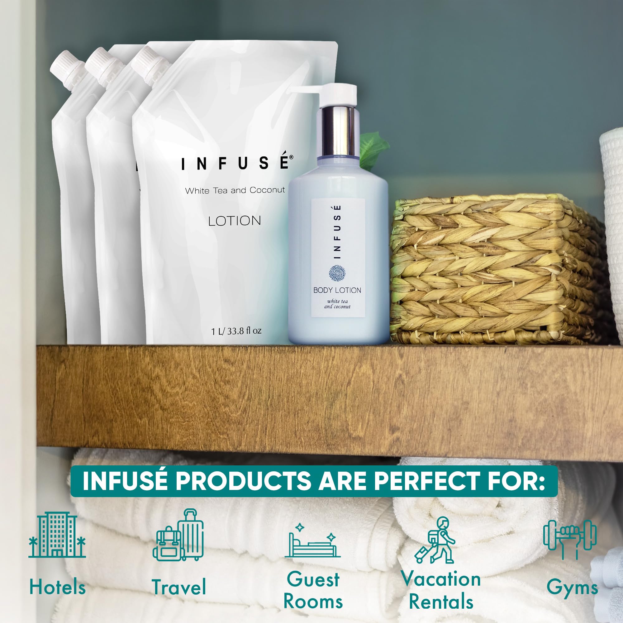 Infuse White Tea & Coconut Scented Lotion Refill - 1 Liter Bulk Pack (12 Count) | Hydrating Body Moisturizer for Dry Skin, Spa & Home Use