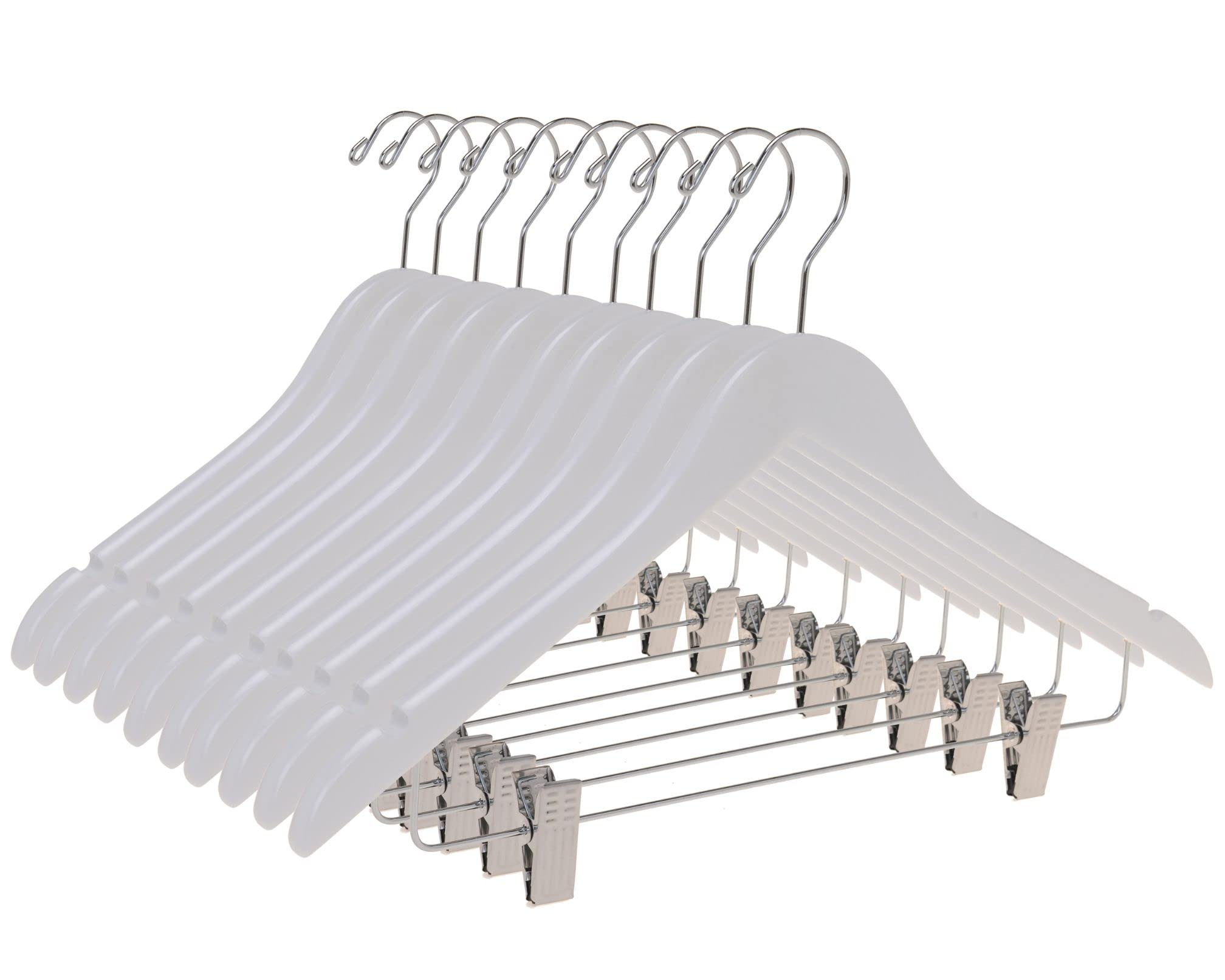 Premium 80-Pack White Wooden Skirt & Pants Hangers with Adjustable Chrome Metal Clips - Swivel Hook for Coats, Jackets, Blouses & Suits - Space-Saving Closet Organization for Home & Retail Use
