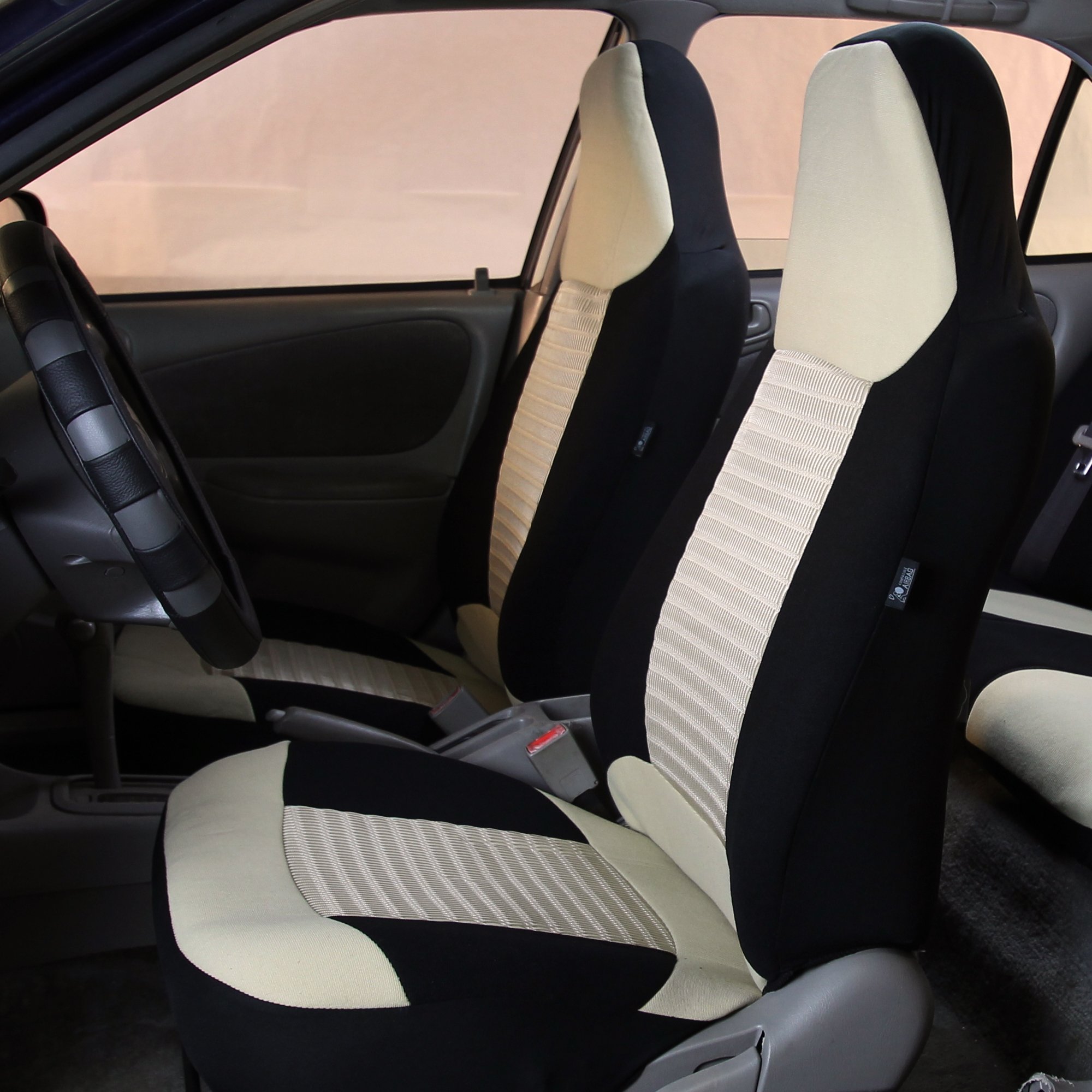 Premium FH Group Car Seat Covers Full Set - Beige Universal Fit Airbag Compatible Split Rear Design for Cars, Vans, Trucks & SUVs | Durable Fabric Protection for Daily Commute, Road Trips & Family Travel