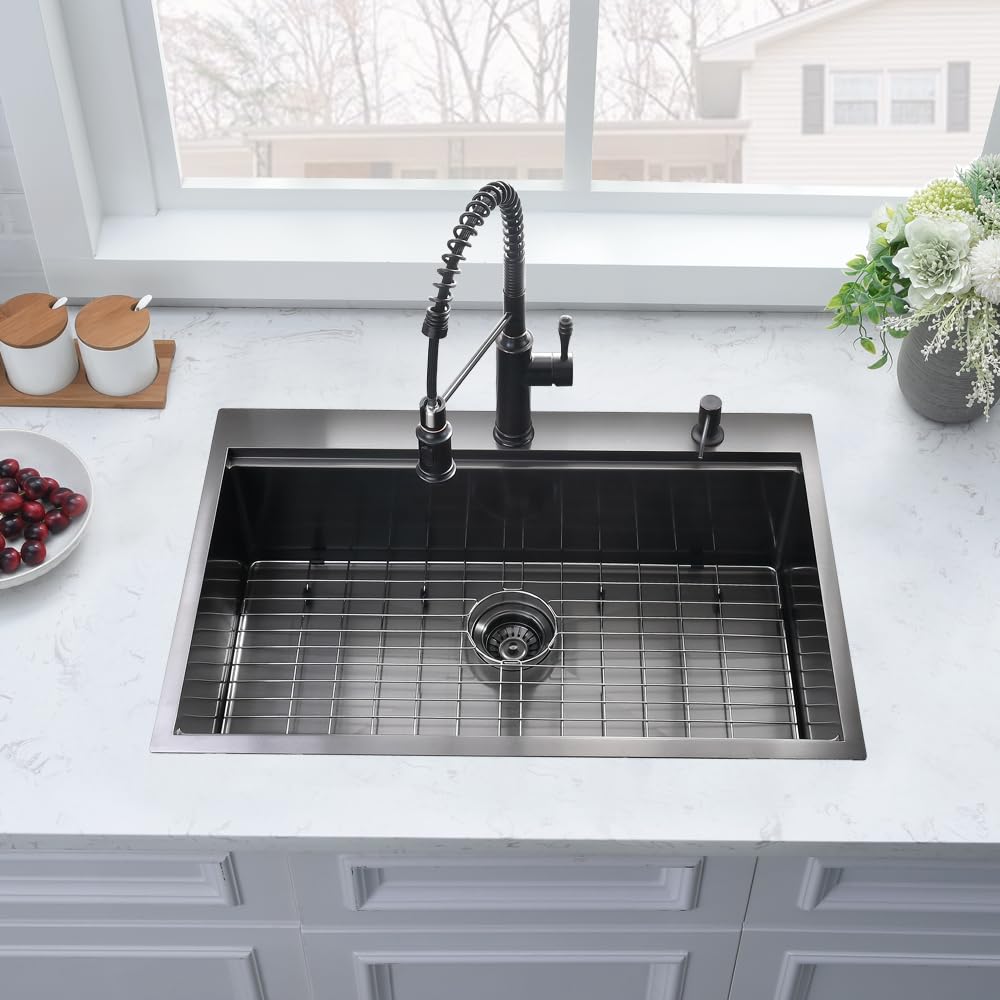 33 x 19 Inch Black Stainless Steel Drop-In Kitchen Sink - 16 Gauge Deep Single Bowl Workstation Basin for Modern Kitchens | Perfect for Meal Prep & Dishwashing