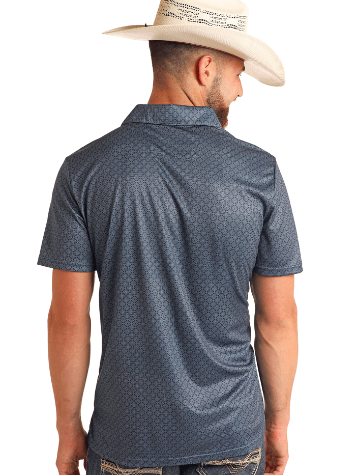 Men's Rock & Roll Denim Geo Printed Polo Shirt - Navy Blue Casual Button-Up Top for Concerts, Parties & Street Style Fashion